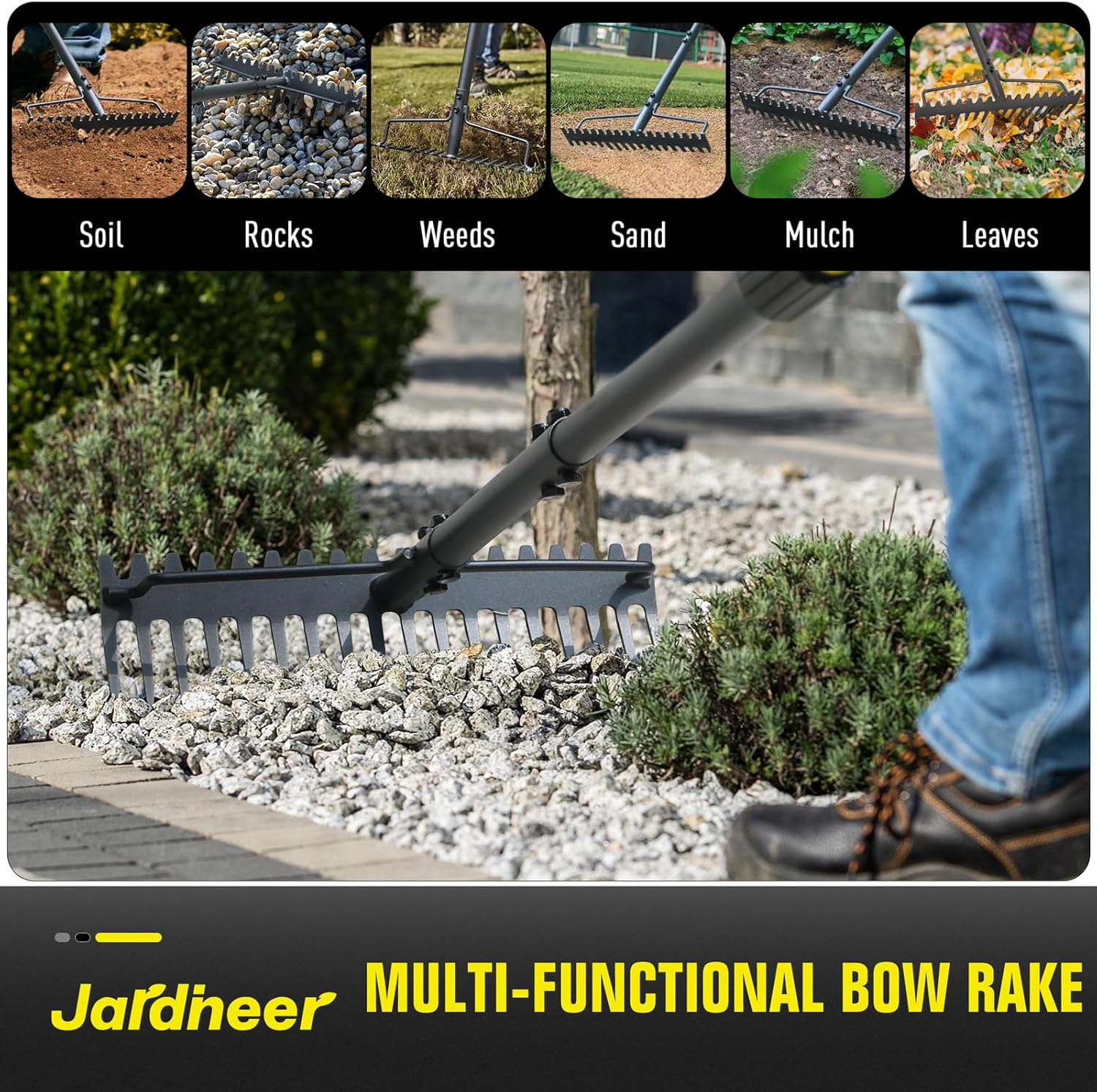 Jardineer Bow Rake Heavy Duty, Long Handle Metal Rakes for Gravel, Rocks, Lawns Leaves, Soil Leveling, Landscaping, Garden Rake with 18 Steel Tines (59 Inches) image number 6