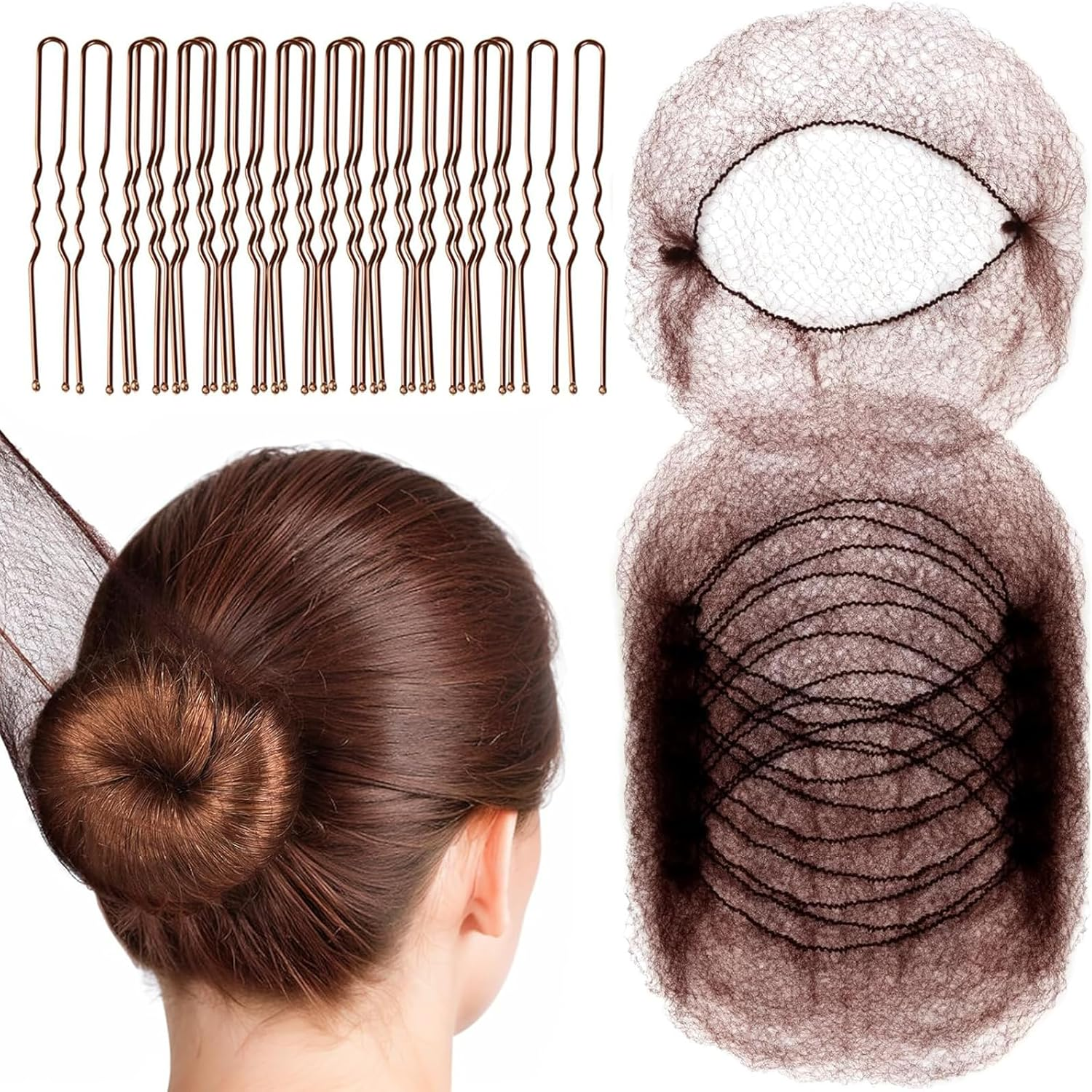 Rhoyee Hair Nets and U-Shaped Hair Pins Set &ndash; 20PCS Invisible Elastic Mesh Nets + 50PCS Hair Pins &ndash; Brown Hair Accessories for Buns, Ballet Dancers, Nurses, Women & Girls