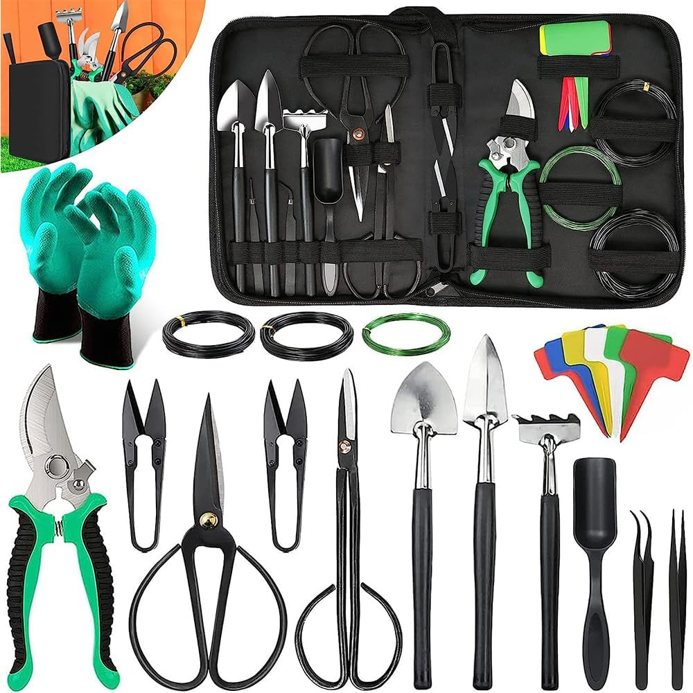 MOTRAIN Gardening Bonsai Tools Set, 24 PCS Carbon Steel Bonsai Tree Kit Tools for Beginners, Plant Trimming Tool Kit Tree Care Bag with Bonsai Wire, Pruning Shears,Scissors, Rake, Shovel, Leaf Cutters image number 2
