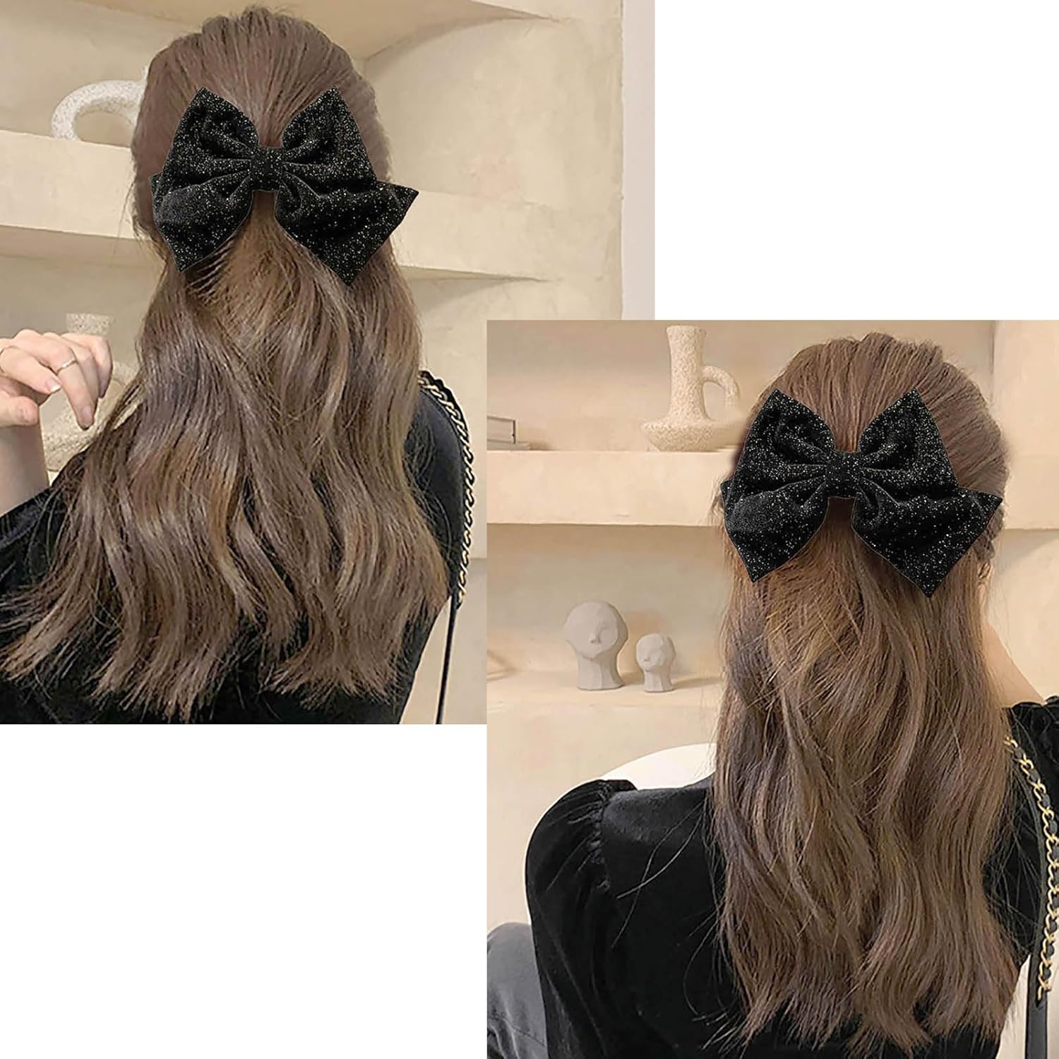 Hair Bows for Women Velvet Bow Hair Clips Sparkling Bow Clips Cute Hair Bow Clips French Hair Band Bow Prom Bows Party Wedding Bow Clip Black Red image number 3