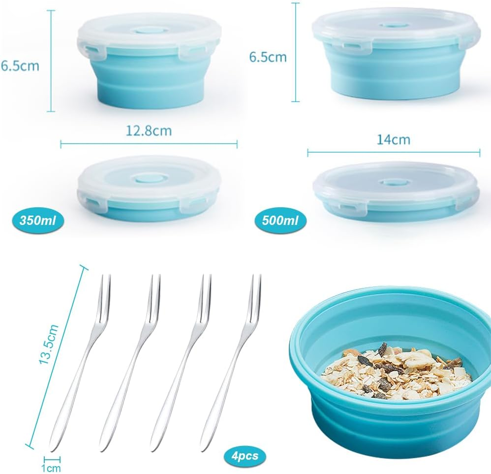 Lbxtswpl Collapsible Bowl, 2 Pieces with Lid Silicone Bowl with Fruit Fork for Camping Hiking Kitchen School Outdoor (Blue) image number 1