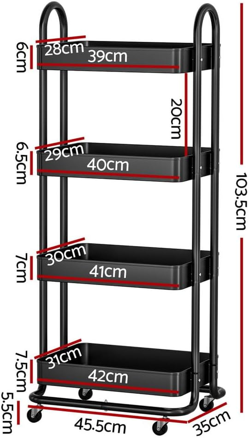 Artiss Storage Trolley Kitchen Cart 4 Tiers Rack Shelf Frame Organiser Black image number 2