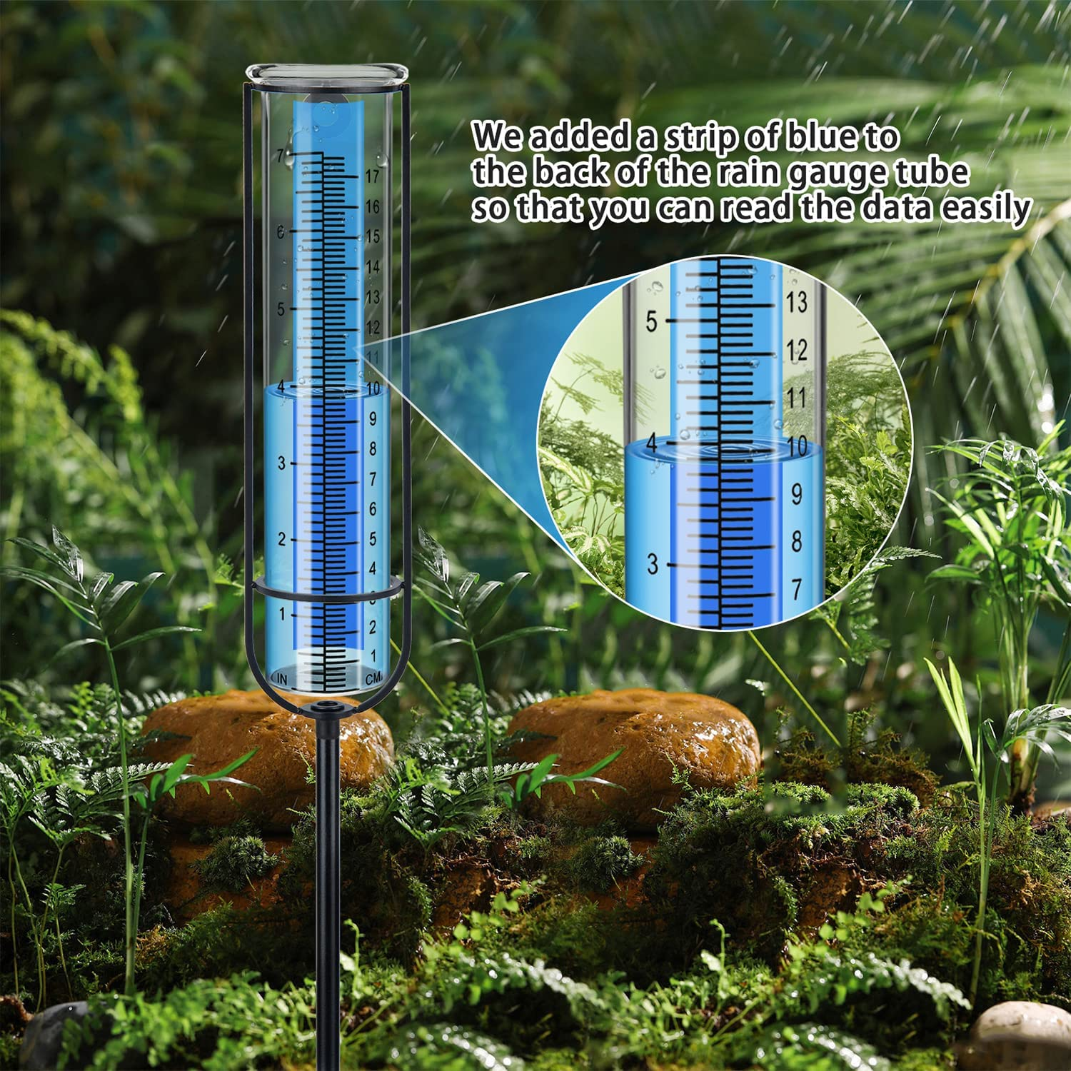 Richene Rain Gauge Upgrade, 7" Capacity Glass Rain Gauge Outdoor-Detachable Rain Guage with Lengthen Stake Best Rated for Yard, Lawn & Garden(Dual Scale) image number 5