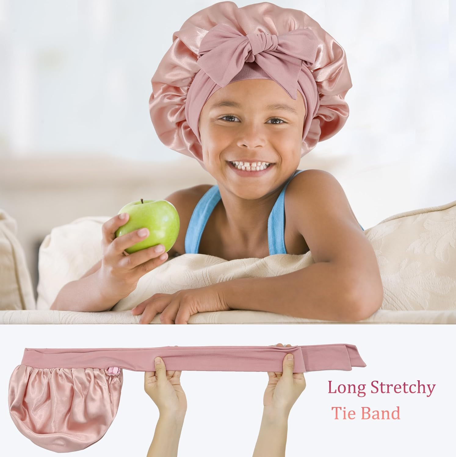 Kids Bonnet for Girls, Silk Bonnets for Kids Boys, Double Layer Satin Bonnet Sleep Cap for Child Curly Natural Hair(3-12Y) - Kids Black image number 5