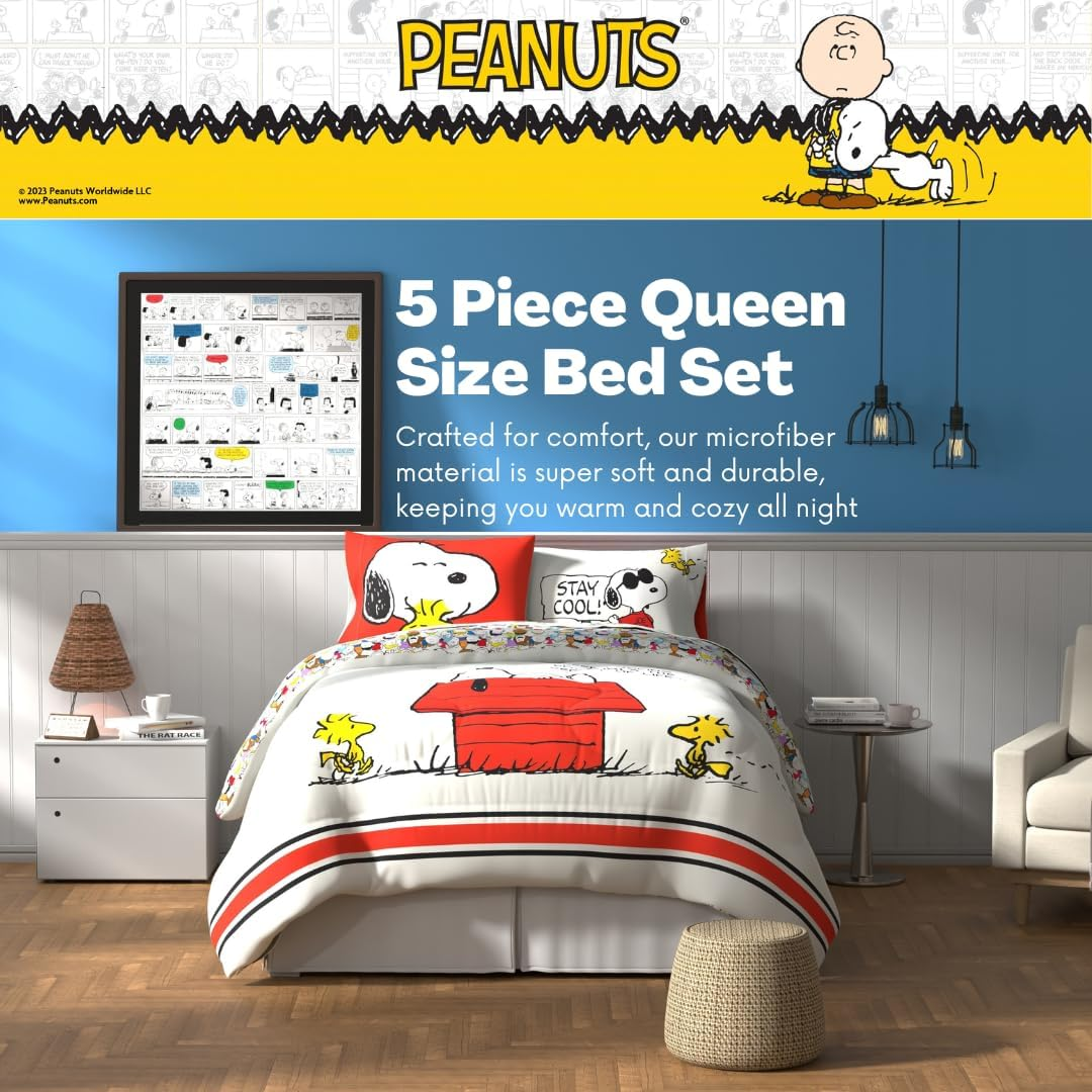 Franco Peanuts Classic Pals Super Soft Comforter and Sheet Set, 5 Piece Queen Size, (Official Licensed Product) Collectibles image number 6