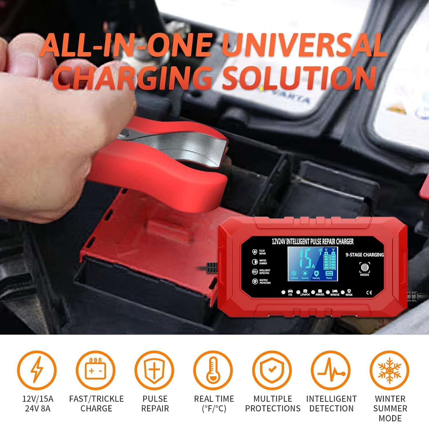 7JI 15-Amp Car Battery Charger Trickle Charger Car AU Plug, 12V/24V Smart Fully-Automatic Battery Maintainer for Car Truck Motorcycle Lawn Mower Boat Marine with Temperature Compensation LCD Display image number 1