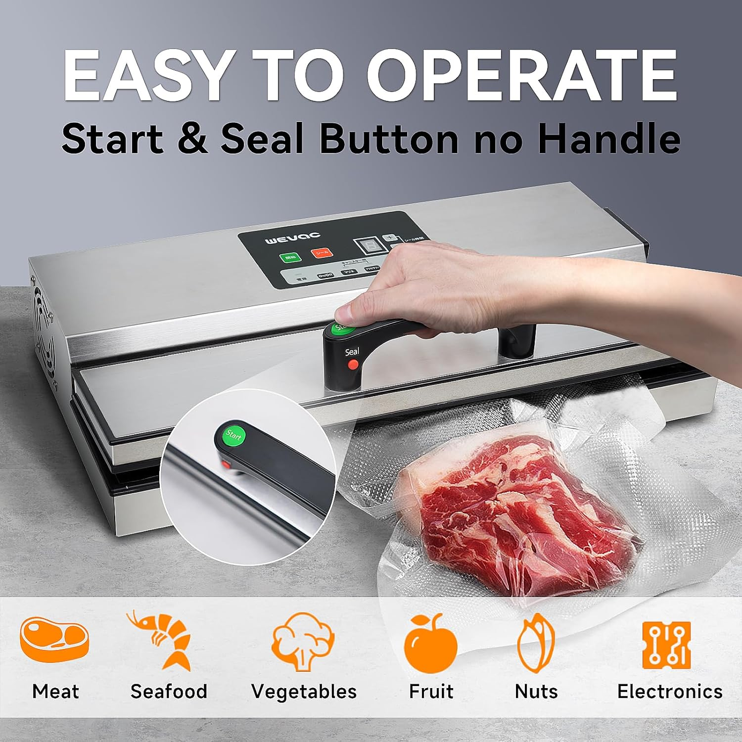 Wevac Food Vacuum Sealer Machine, Stainless 95Kpa Powerful Cryovac Machine, 5 * 400Mm Wide Seal, for Dry/Wet/Sous Vide, Commercial-Grade Seal, Includes 20 Vacuum Sealer Bags Bpa-Free image number 4