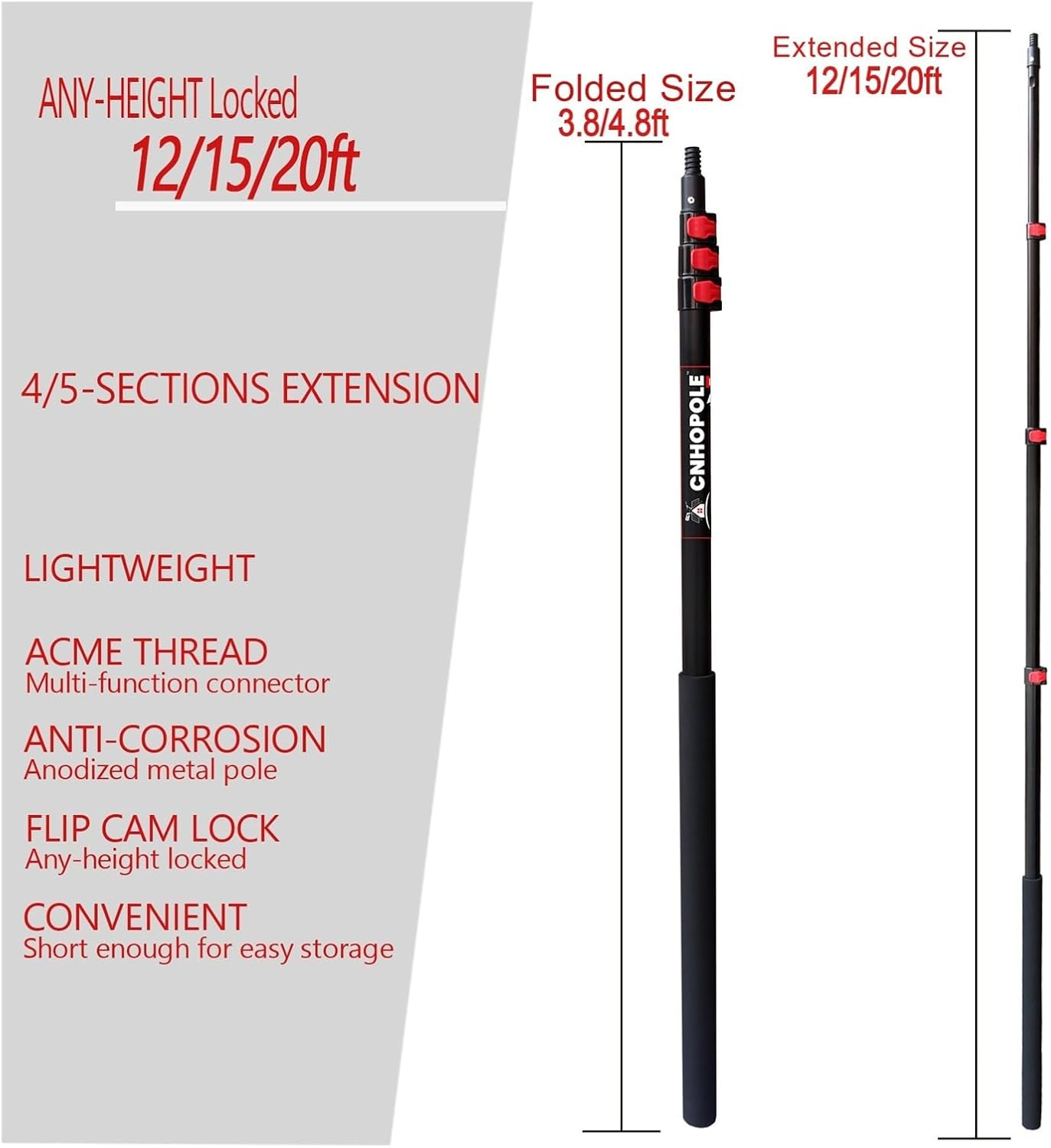 12/15/20Ft Aluminum Telescopic Pole Heavy Duty Extension Long Handle High Reach Extendable Painting Roller/Cleaning,Extension Rod Spare Parts(20Ft Pole)