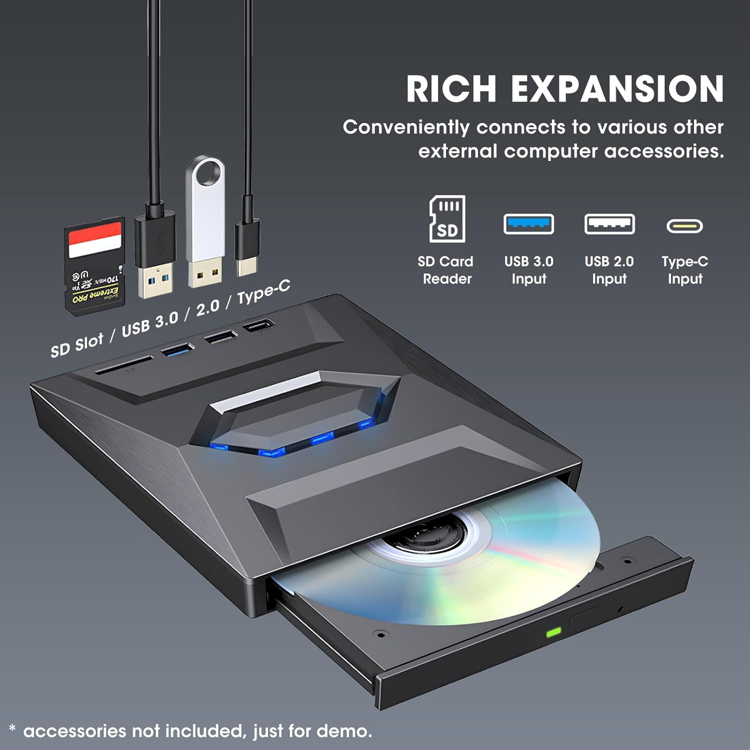 ROOFULL External CD DVD Drive USB 3.0 & USB-C CD ROM Burner DVD Player with USB Hub and SD Card Reader, Portable CD DVD +/-RW Optical Disk Drive Writer for Laptop PC Windows 11/10, Mac, Linux Computer image number 5