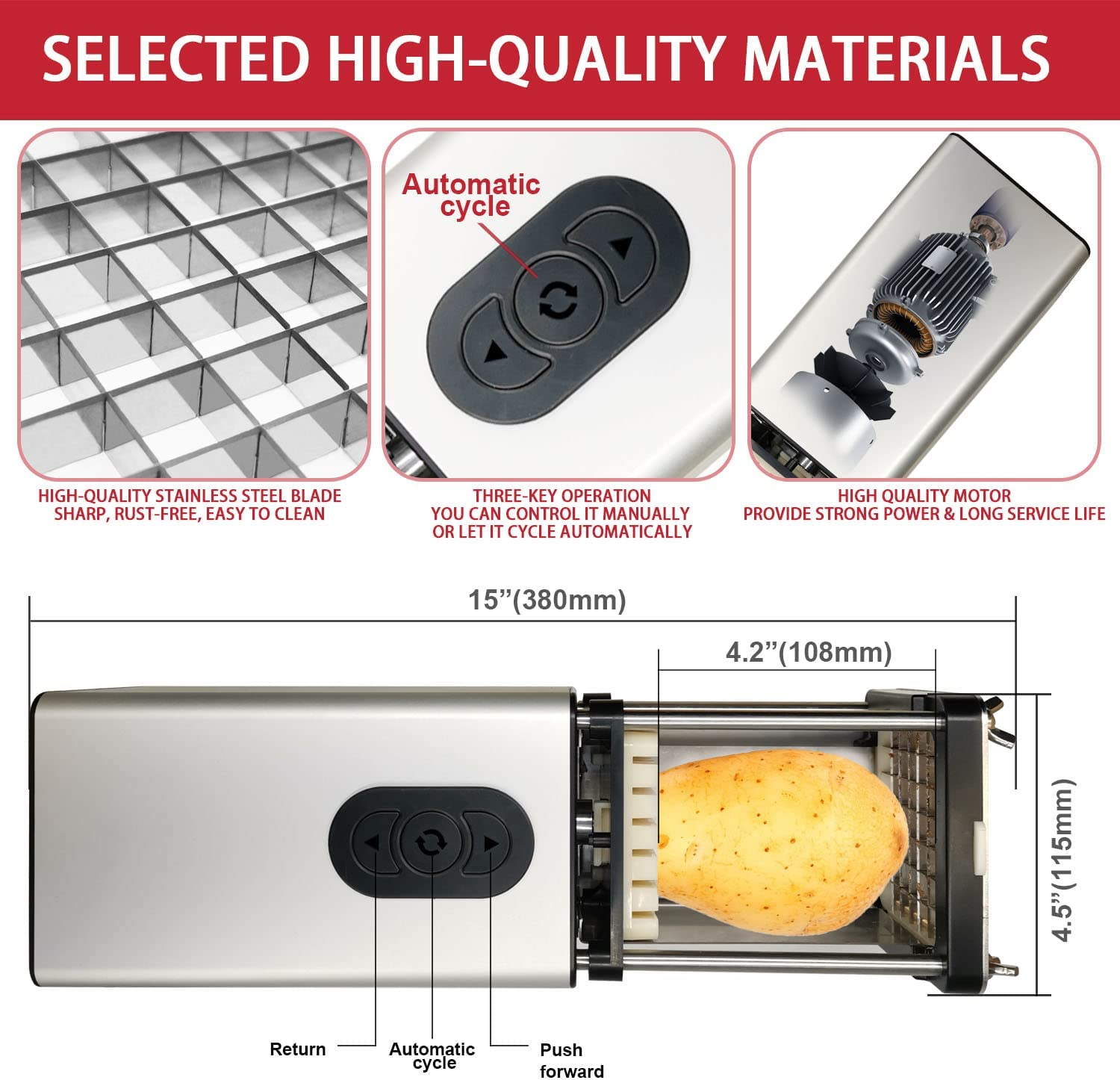 Electric French Fry Cutter, French Fry Cutter Stainless Steel with 1/2 & 3/8 Inch Blade, Vegetable Cutter, Professional Commercial and Household Potato Slicer, Use for Potatoes, Carrots, Apples image number 2