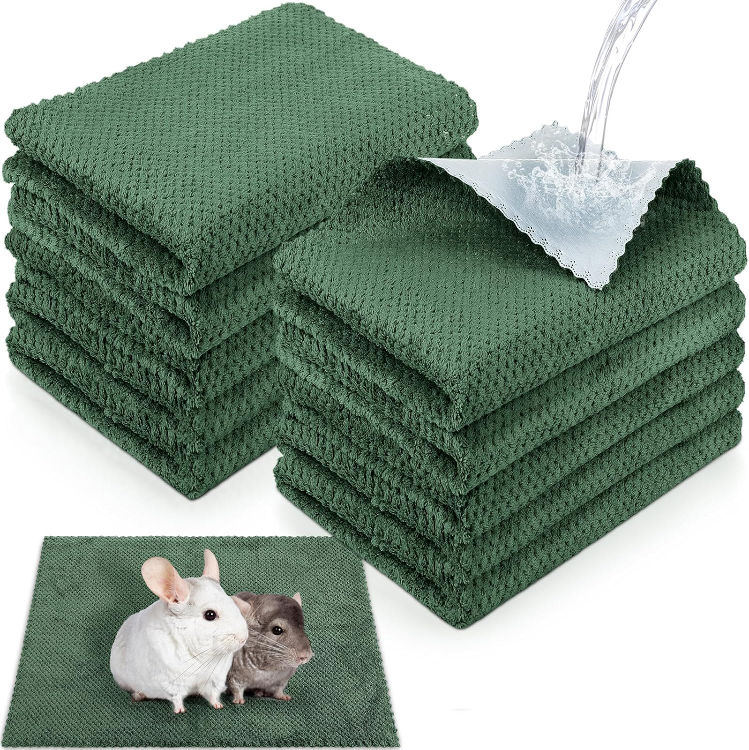 Vitalcozy 10 Pcs Waterproof Guinea Pig Pee Pad Guinea Pig Cat Dog Blankets Hamster Cage Liners Accessories Coral Fleece Small Animals Blankets Bedding Mats Sleep Pad Cover (Dark Green,12 X 12 Inch) image number 3