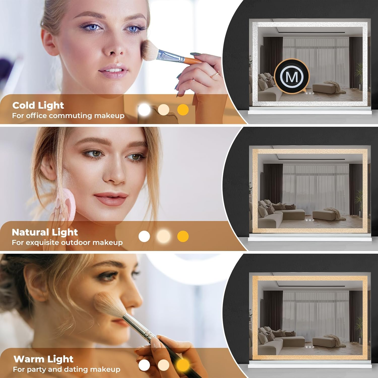 Yezi Vanity Mirrors Magnifying 5X with LED Lights,Hollywood Makeup Mirror 80X60Cm with 3 Color Lighting Modes,Smart Touch Control, Wall Mounted & Desk Tabletop,White image number 3