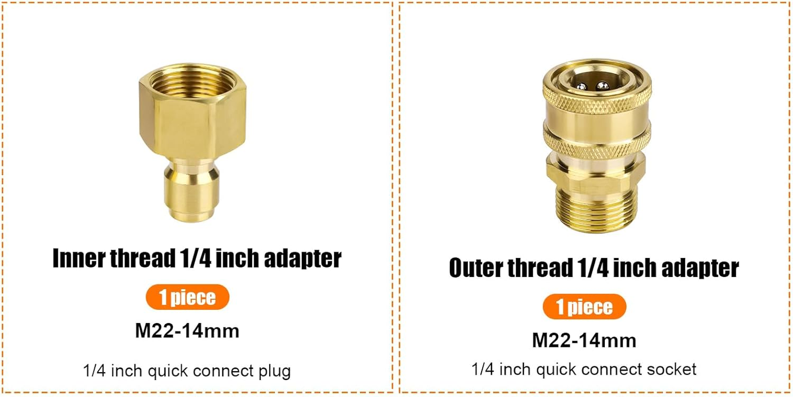 NQEUEPN 2Pcs M22-14Mm to 1/4In Pressure Washer Adapter Set, Brass Pressure Washer Coupler Pressure Washer Fast Connect & Quick Disconnect Kit for Power Washer Hose Pump 5000 PSI image number 4