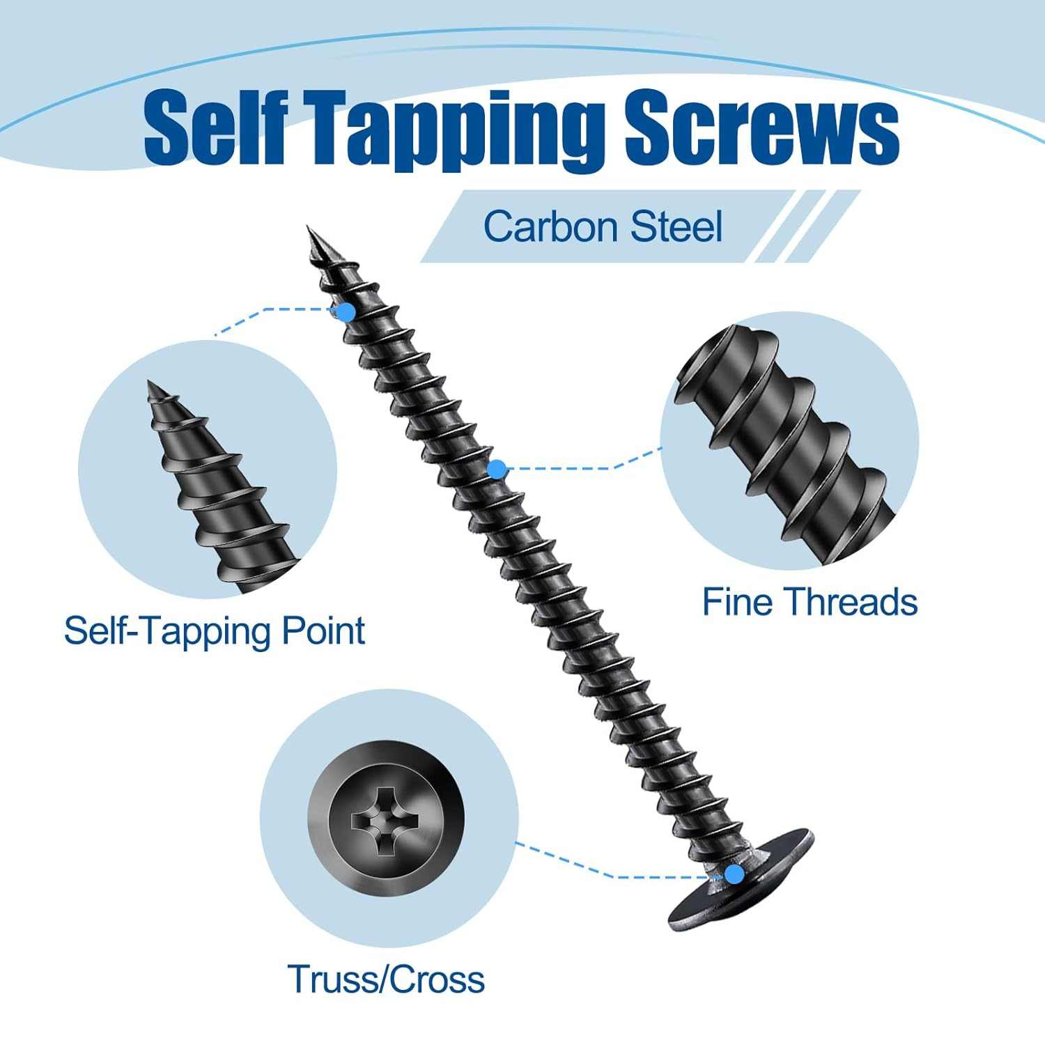 #8&times;1&Prime; Wood Screw 250Pcs, Black Carbon Steel Standard Thread Screws, Truss Head Phillips Fast Self Tapping Screws