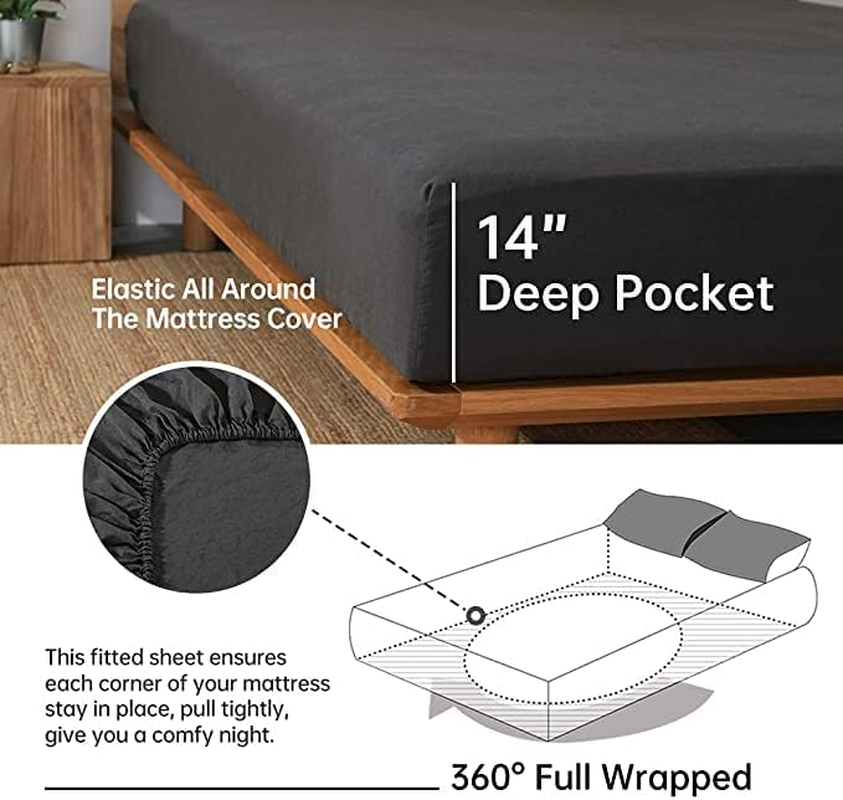 Simple&Opulence 100% Linen Sheet Set with Embroidery Washed - 4 Pieces (1 Flat Sheet & 1 Fitted Sheet & 2 Pillowcases) Natural Flax Soft Bedding Breathable Farmhouse - Dark Grey, Full Size image number 2