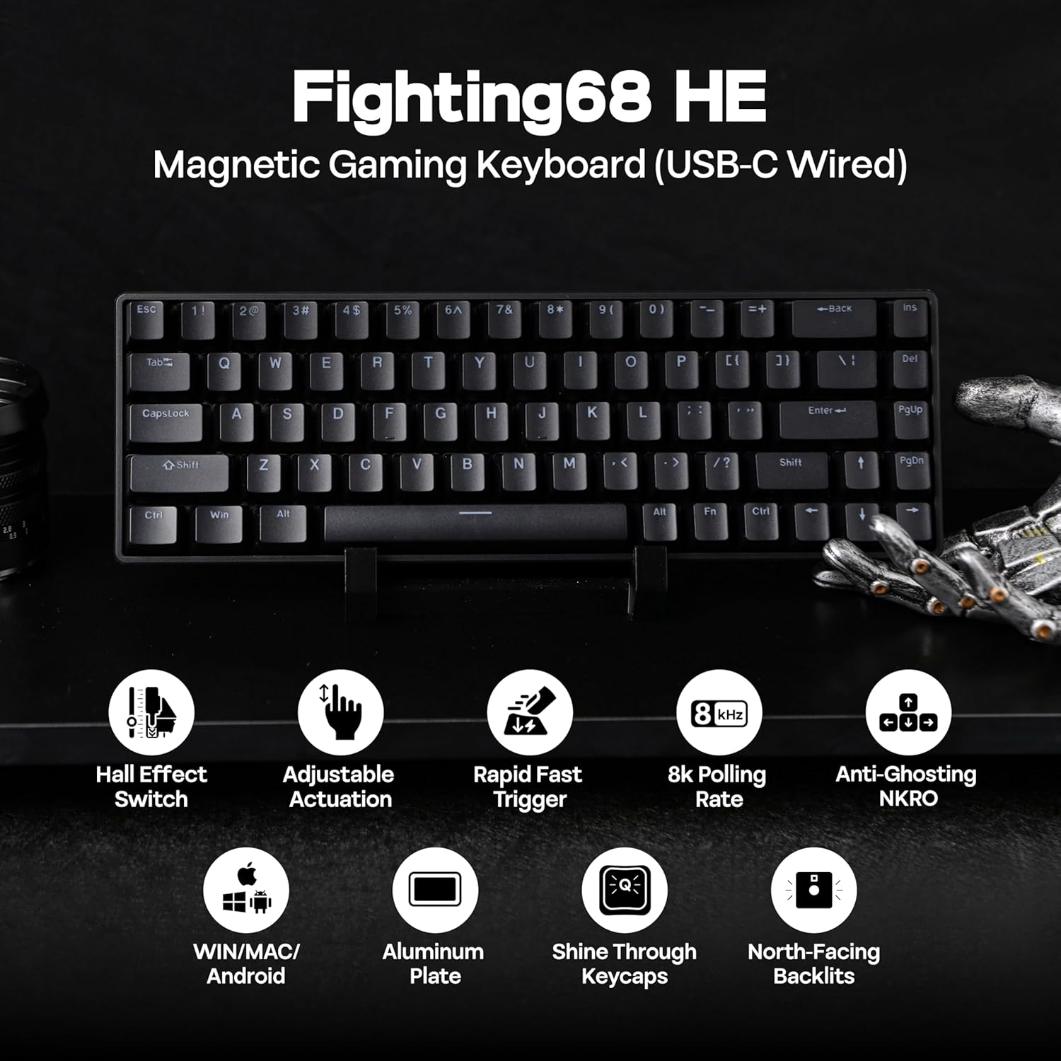 Mechlands VTER Fighting68 HE Magnetic Gaming Keyboard with Adjustable Actuation, 0.08Mm RT Precision, 8K Polling Rate, 68-Key Compact USB-C Wired Keyboard, Hot-Swappable, RGB Backlit (Black) image number 4