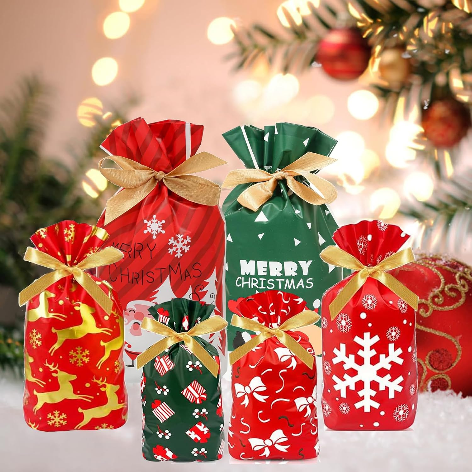 Tuoyi 40 Pieces Christmas Drawstring Gift Bags, Assorted Wrapping Bags Upgraded Christmas Goodie Bags for Birthday Christmas Party image number 3