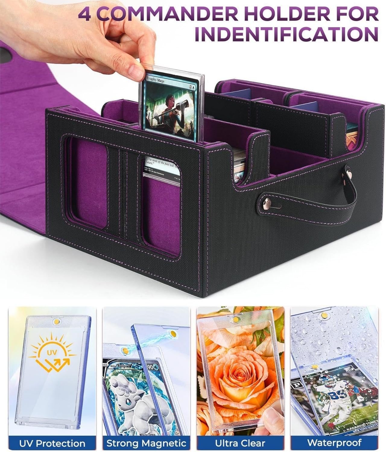 Cyperever Trading Card Storage Box for MTG, Card Storage Box with Commander Display, Multi-Purpose MTG Deck Box for Graded Storage with 4 Toploaders, 8 Stoppers, 8 Dividers (Black & Purple) image number 6