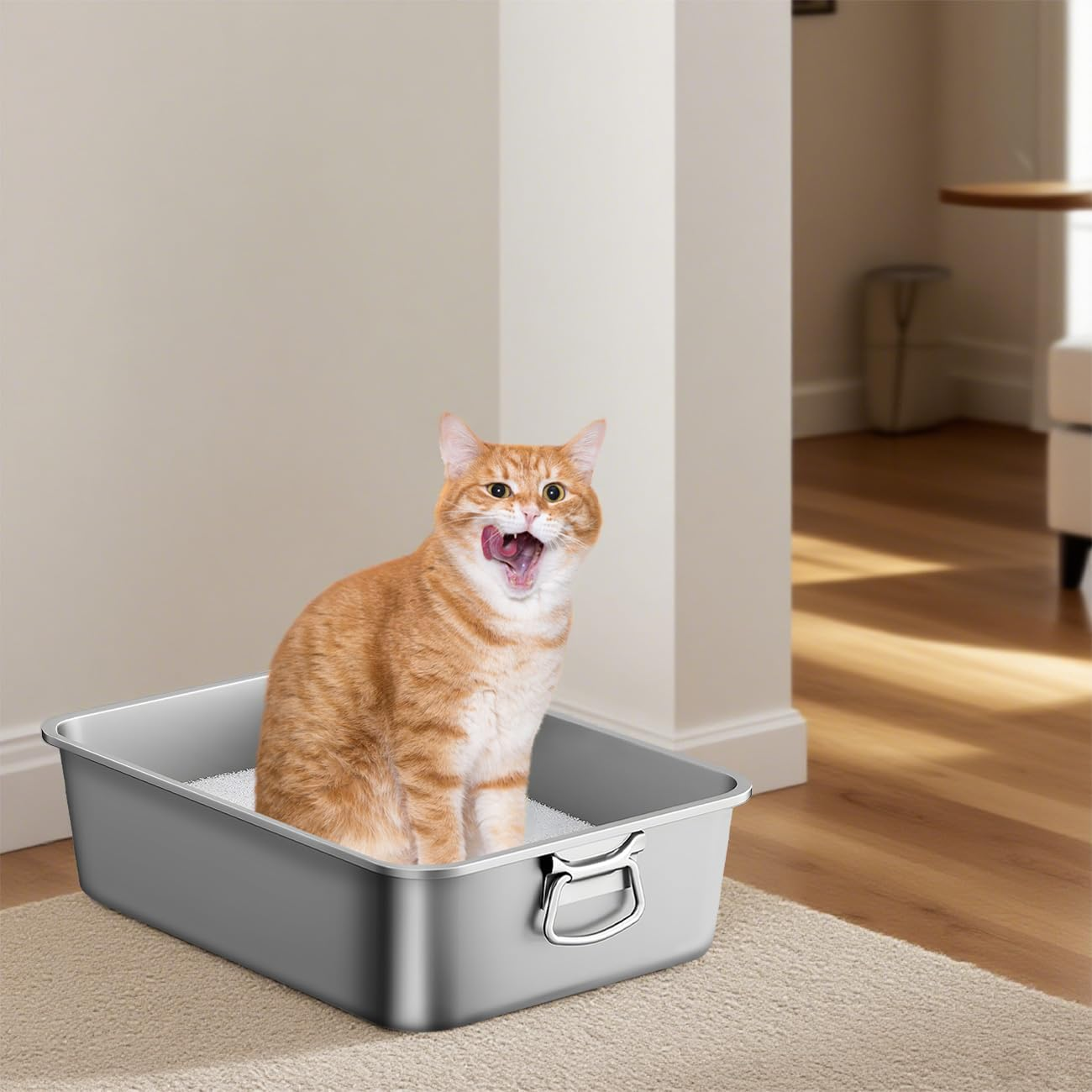 Stainless Steel Litter Box with Handle, Large Metal Cat Litter Box with High Sided for Big and Small Cats, Kitty Litter Boxes Toilet, Non-Stick, Easy to Clean 60X40X15Cm image number 5