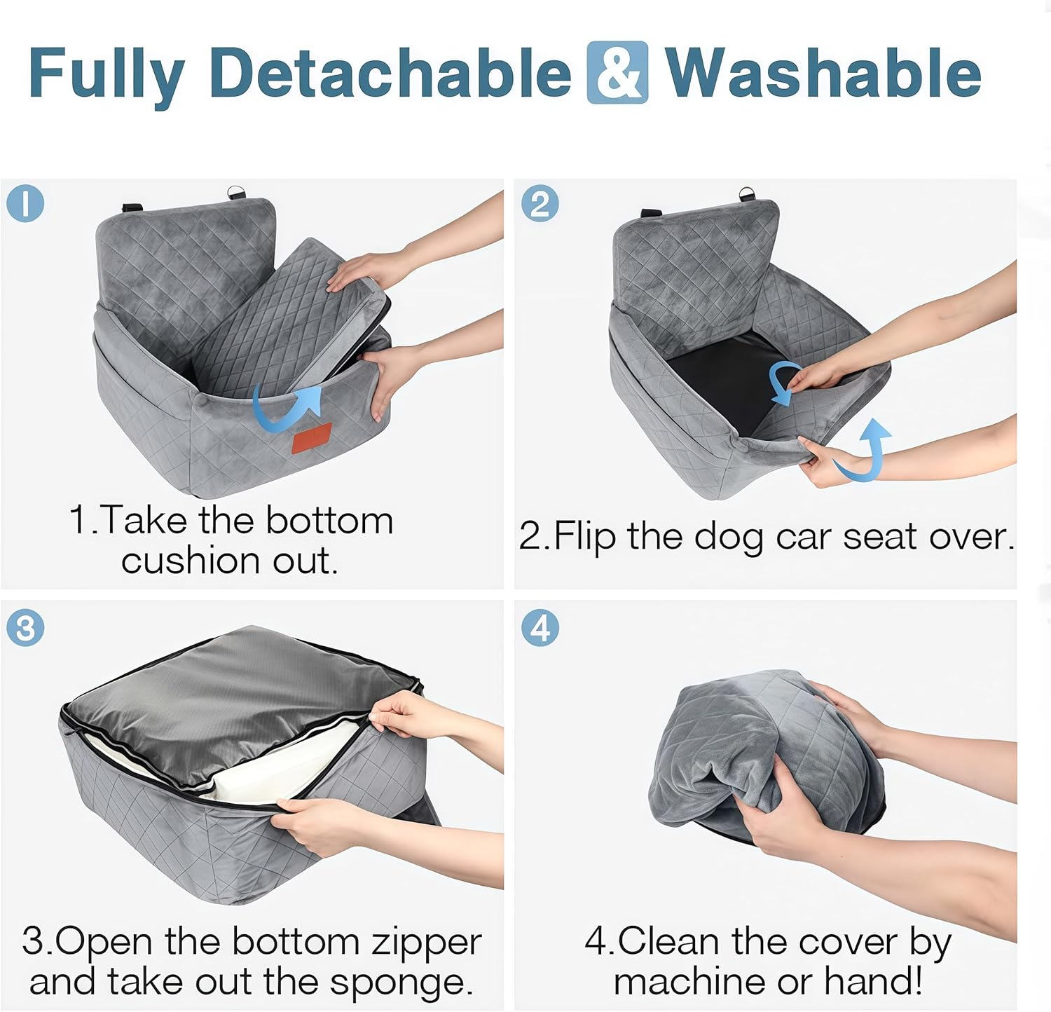 Dog Car Seat for Small Dogs under 30Lbs, Comfy Travel Bed with Washable Cover, 2 Safety Leashes & Storage Pockets, Anti-Slip Base, Easy Install for Cars & Suvs (Black/Grey, 45 * 45 * 35Cm) - Black image number 7