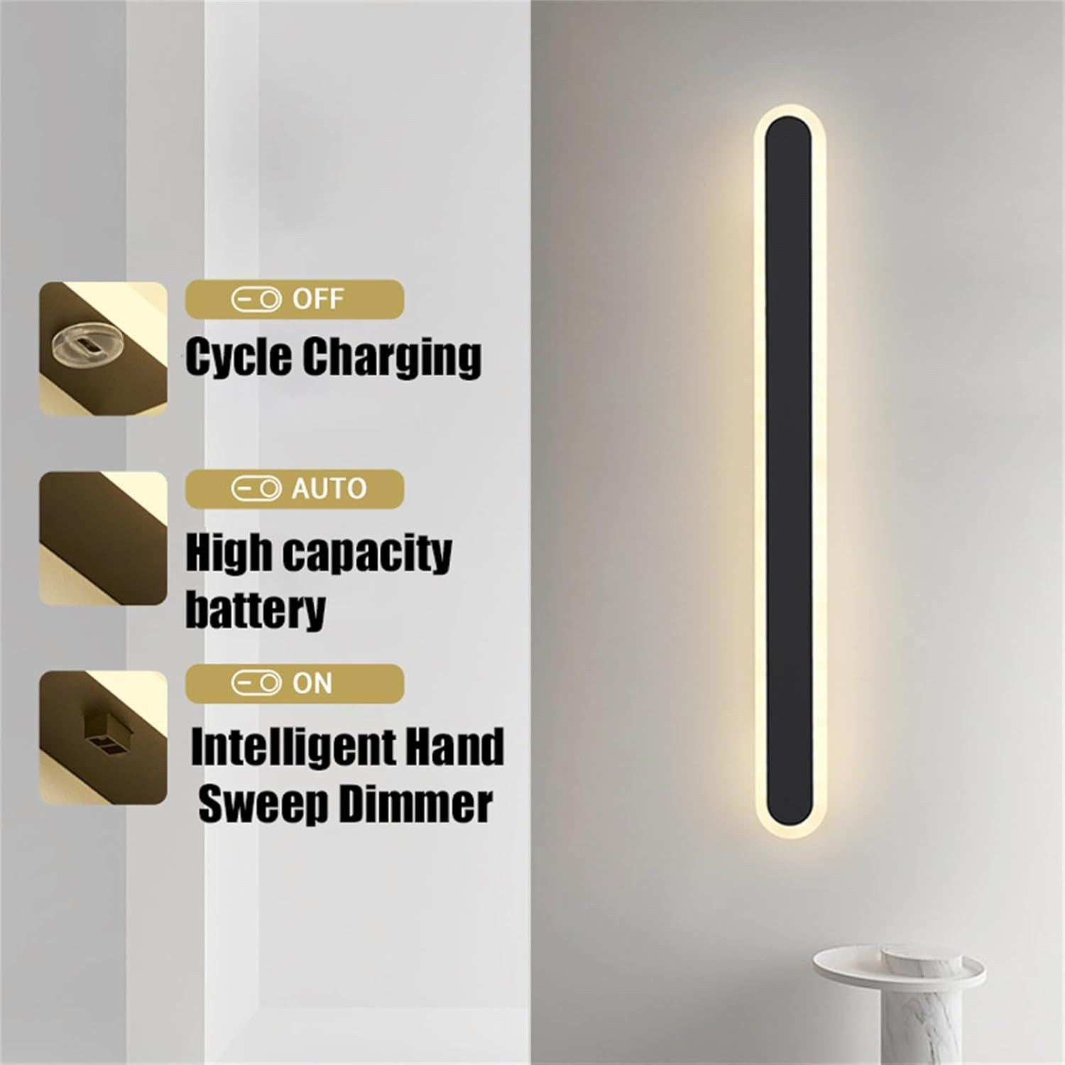 LED Wall Lamp Indoor with Hand Sweep Motion Sensor Wall Sconces Dimmable Tricolor 2700K-6500K Wall Light USB Rechargeable Battery Powered Wall Lighting Modern Iron Acrylic for Bedroom (White,40Cm) image number 3