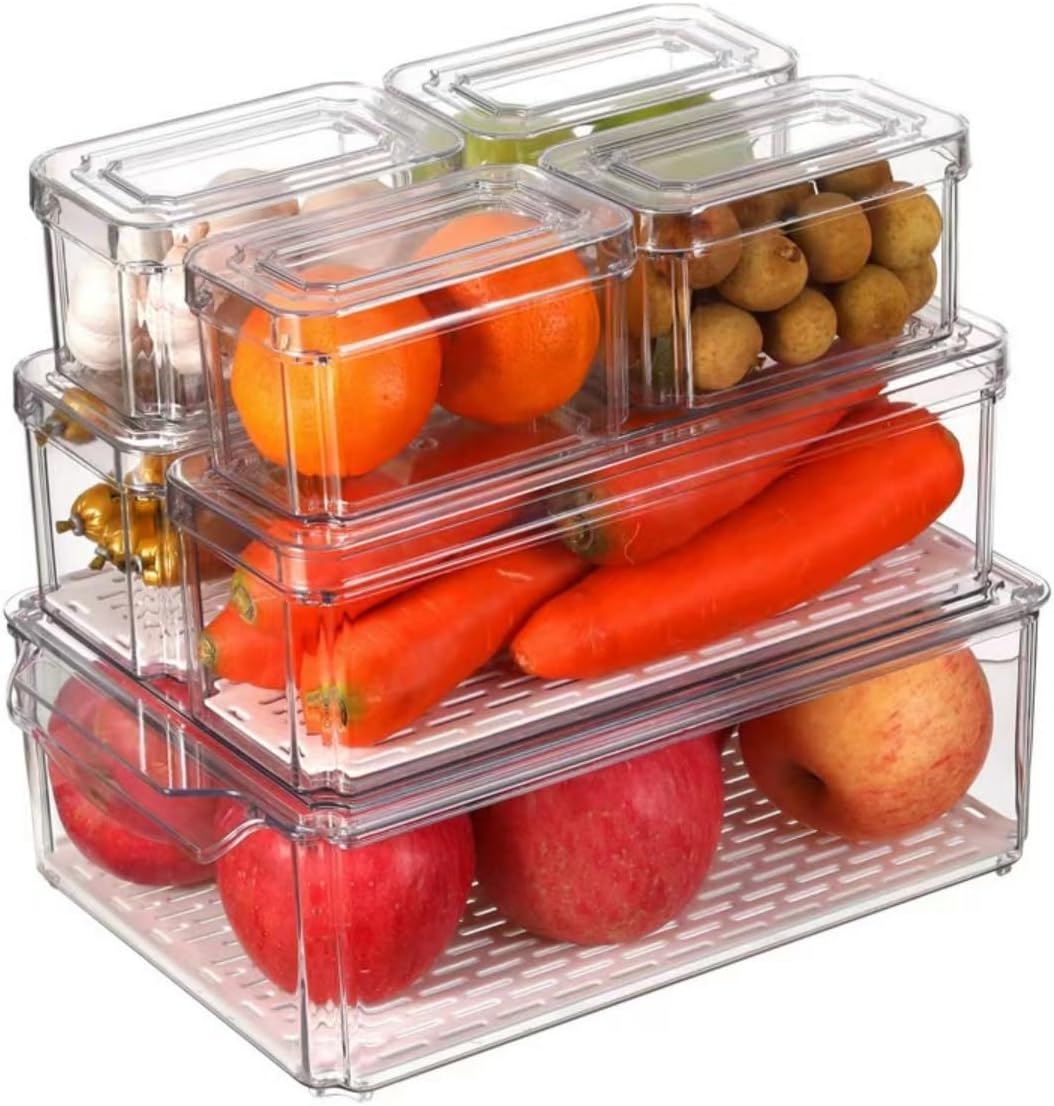 Refrigerator Organizers and Storage, Set of 7 Fridge Organiser, Fruit Storage Containers for Fridge Keep Fresh, Stackable Food Storage Containers with Lids for Vegetables, Fruits, Food, Drinks
