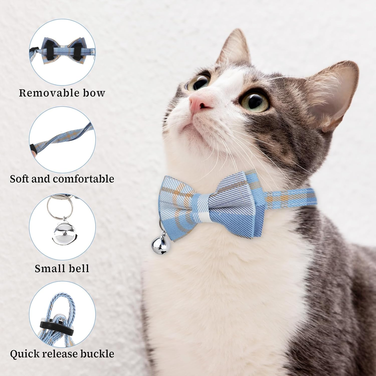 Pack of 2 Cat Collars with Bow Tie and Bell, Personalised Cat Collar, Removable Cat Collars, Adjustable Cute Collars, Quick Release Safety Collars for Cats Pets image number 6