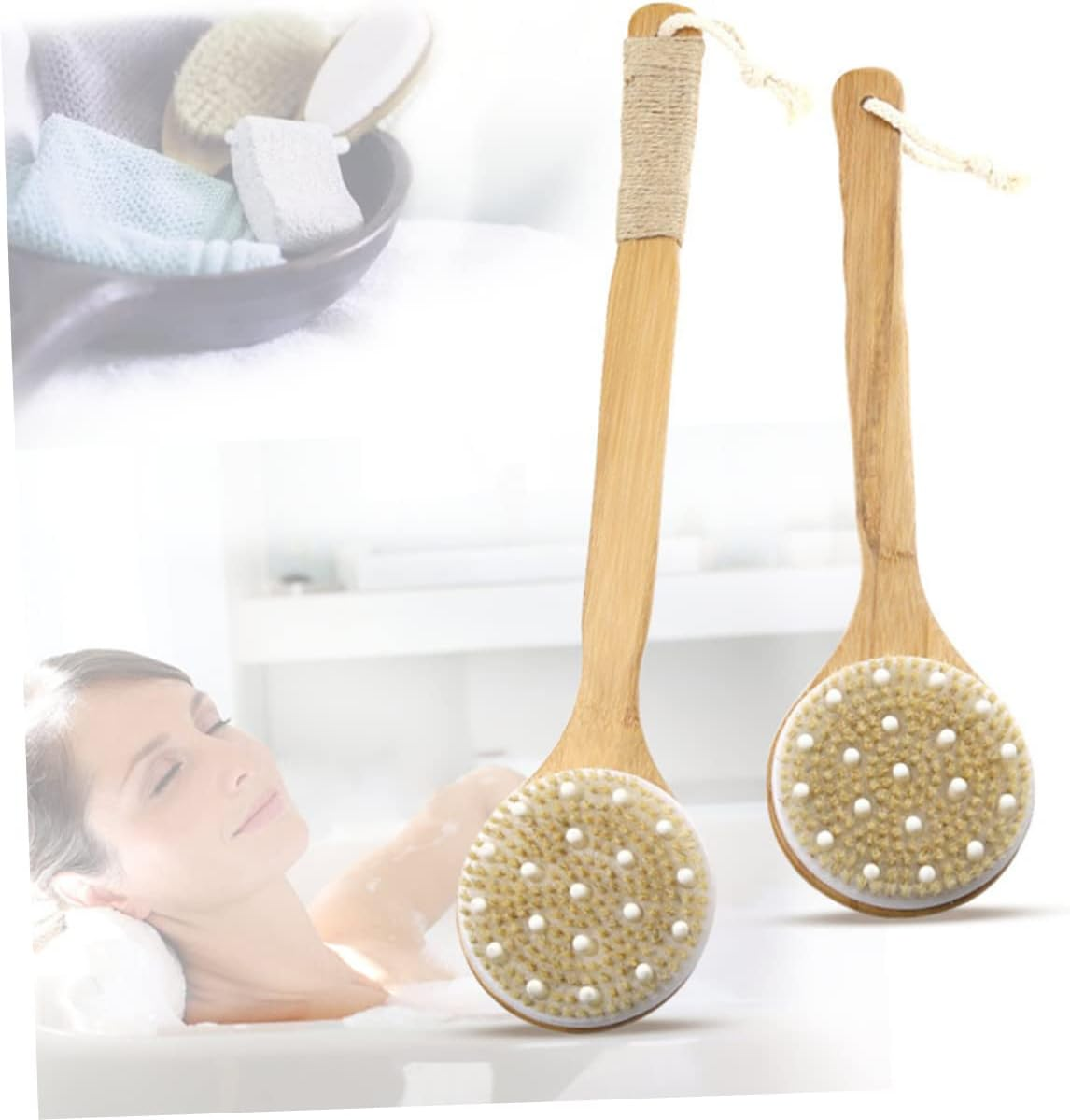 Minkissy Bamboo Handle Bathing Brush Ppr Soft Beads Back Scrubber for Shower Exfoliation S image number 3