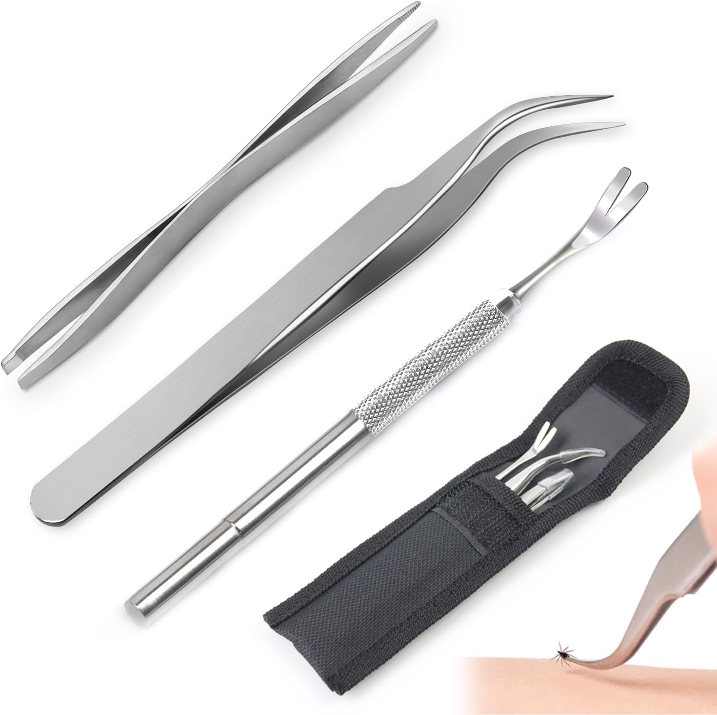 Qcdou Tick Tweezers, Tick Remover, Set of 3, with Stainless Steel Tick Tweezers, Tick Hooks, Tick Removal, Storage Bag, Tick Removal for Dogs, Cats, People image number 2