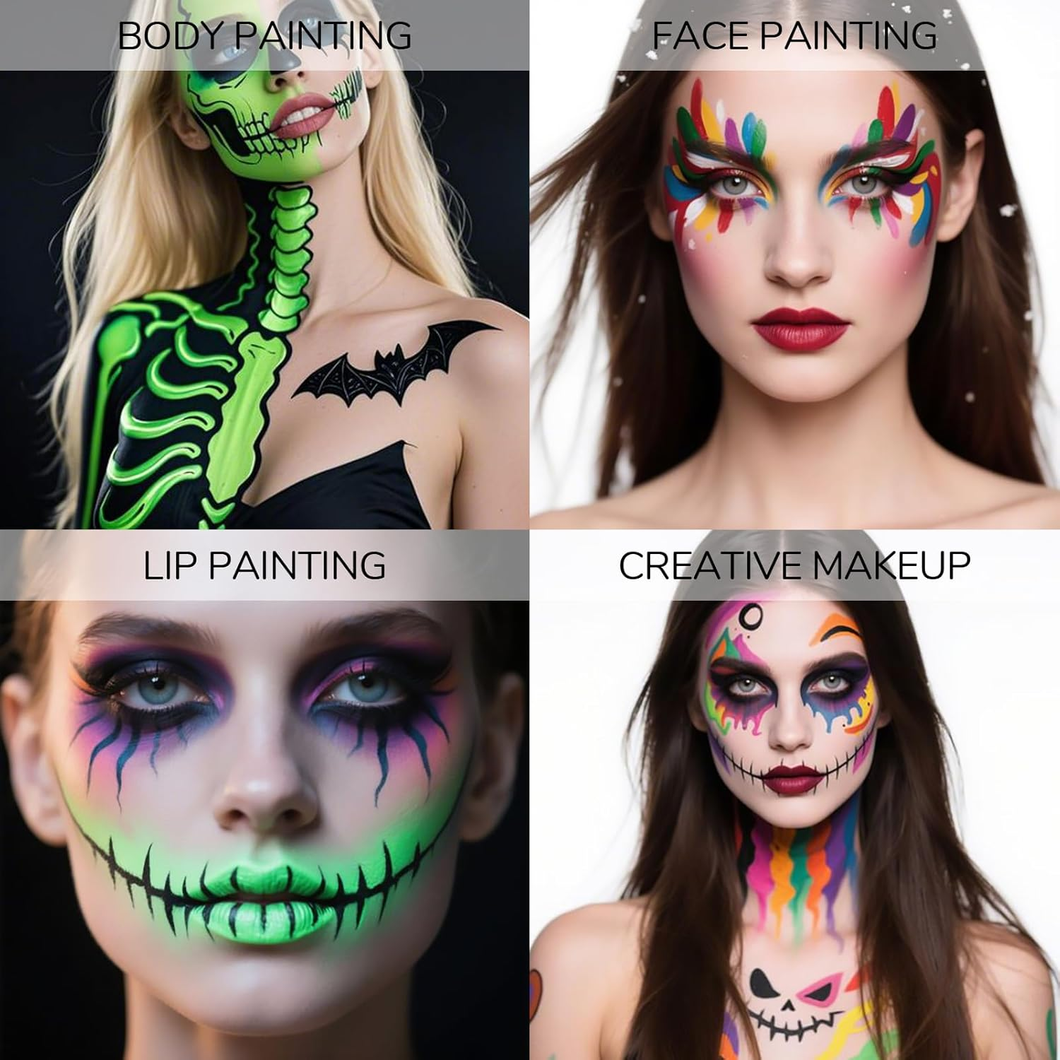 YBUETE Halloween Face Paint Kit for Adult,15 Colors Water Based Face Paint Kit with Stencils,Professional Body Painting Makeup Palette for Halloween Clown Skeleton Zombie Vampire Costume Makeup image number 6