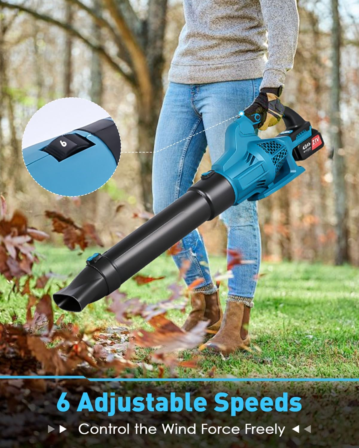 Leaf Blower, 6 Speed Adjustable Mode Detachable Leaf Blower Cordless with 2 2000Mah Batteries and Charger for Lawn Care Blowing Leaves Dust Snow, Blue image number 6