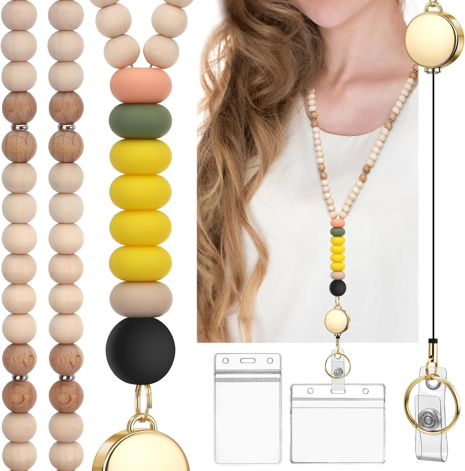 Teacher Lanyard with Id Holder, Cute Lanyards for Id Badges Keys, Retractable Natural Wooden Beaded Lanyard for Women image number 1