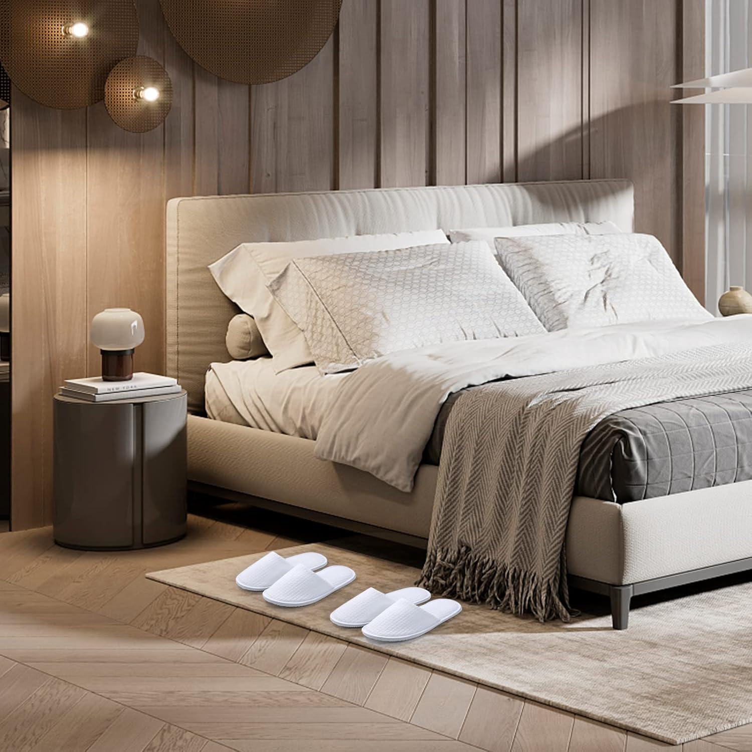 5 Pairs Disposable Slippers Open Toe Non-Slip Hotel Spa Slippers Flat Waffle White House Shoes Sandals for Spa, Party Guest, Hotel and Travel image number 5