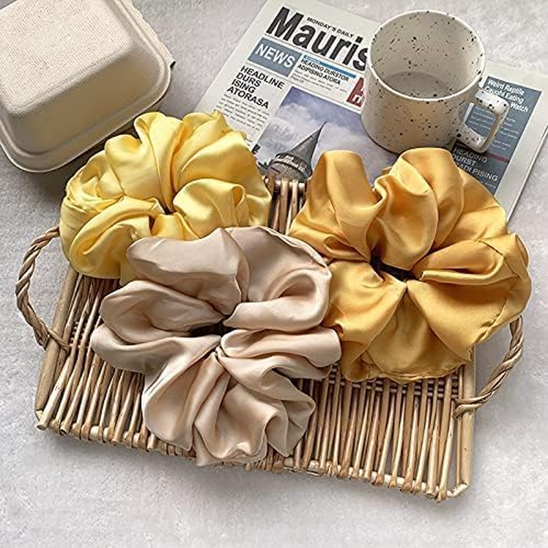 Pack of 4 Massive Silk Scrunchies, Oversized Scrunchies for Thick Hair, Satin Scrunchies, Hair Bobbles for Women (Black/Beige/Khaki/Turmeric) image number 4