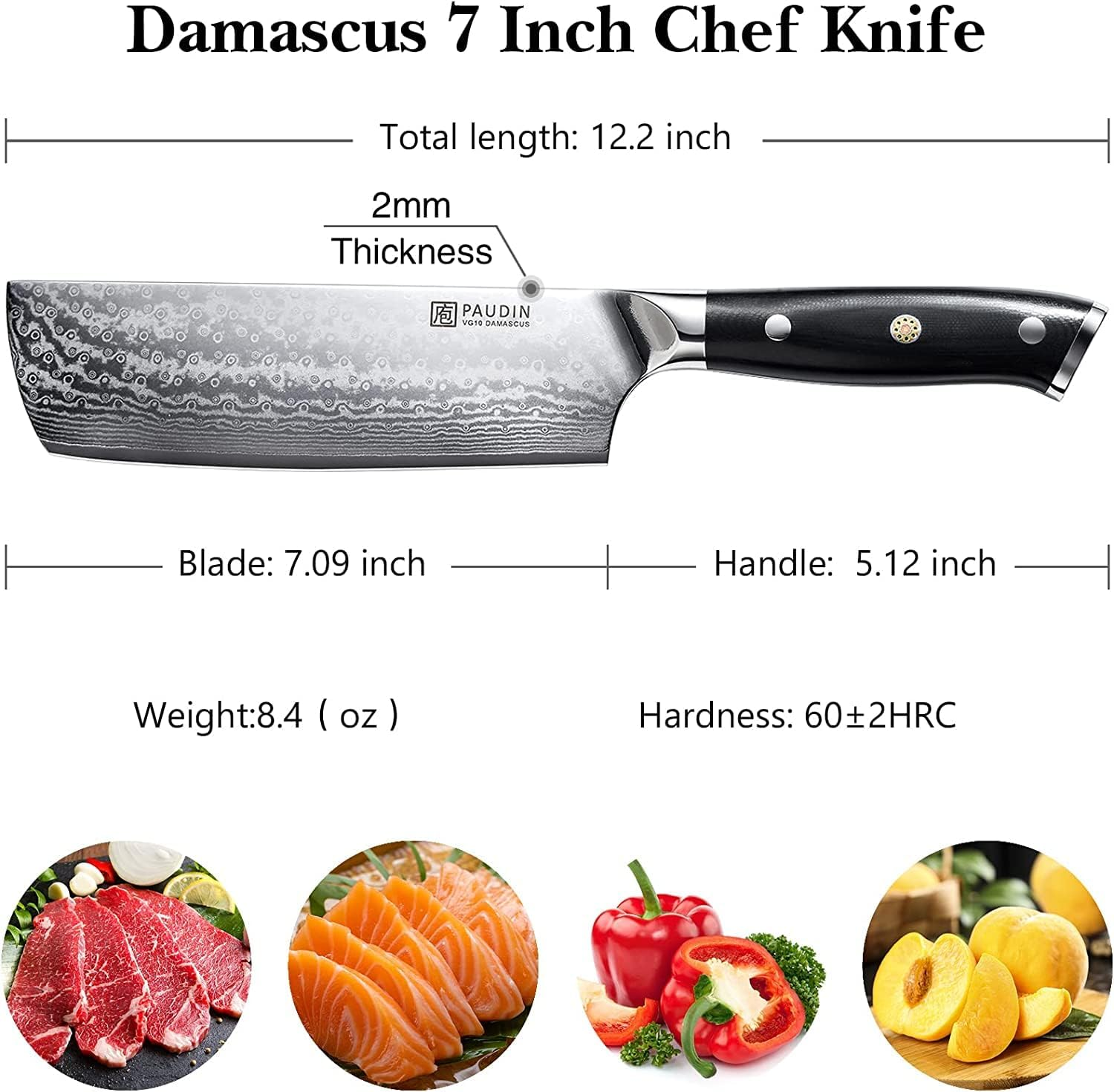 PAUDIN Nakiri Knife 7'', Damascus Chef Knife, Japanese VG-10 Stainless Steel, Kitchen Knife with G10 Full Tang Handle, Razor Sharp 67-Layer Forged Blade image number 3