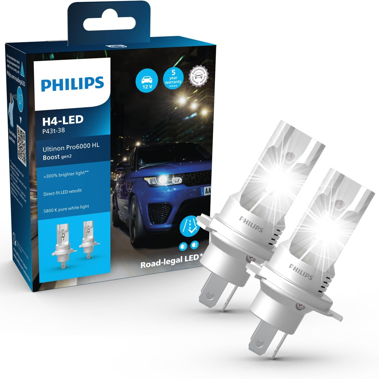 Philips Ultinon Pro6000 Boost Gen2 Direct-Fit H4 LED Headlight Bulb with Road Legal*, +300% Brighter Light** image number 3