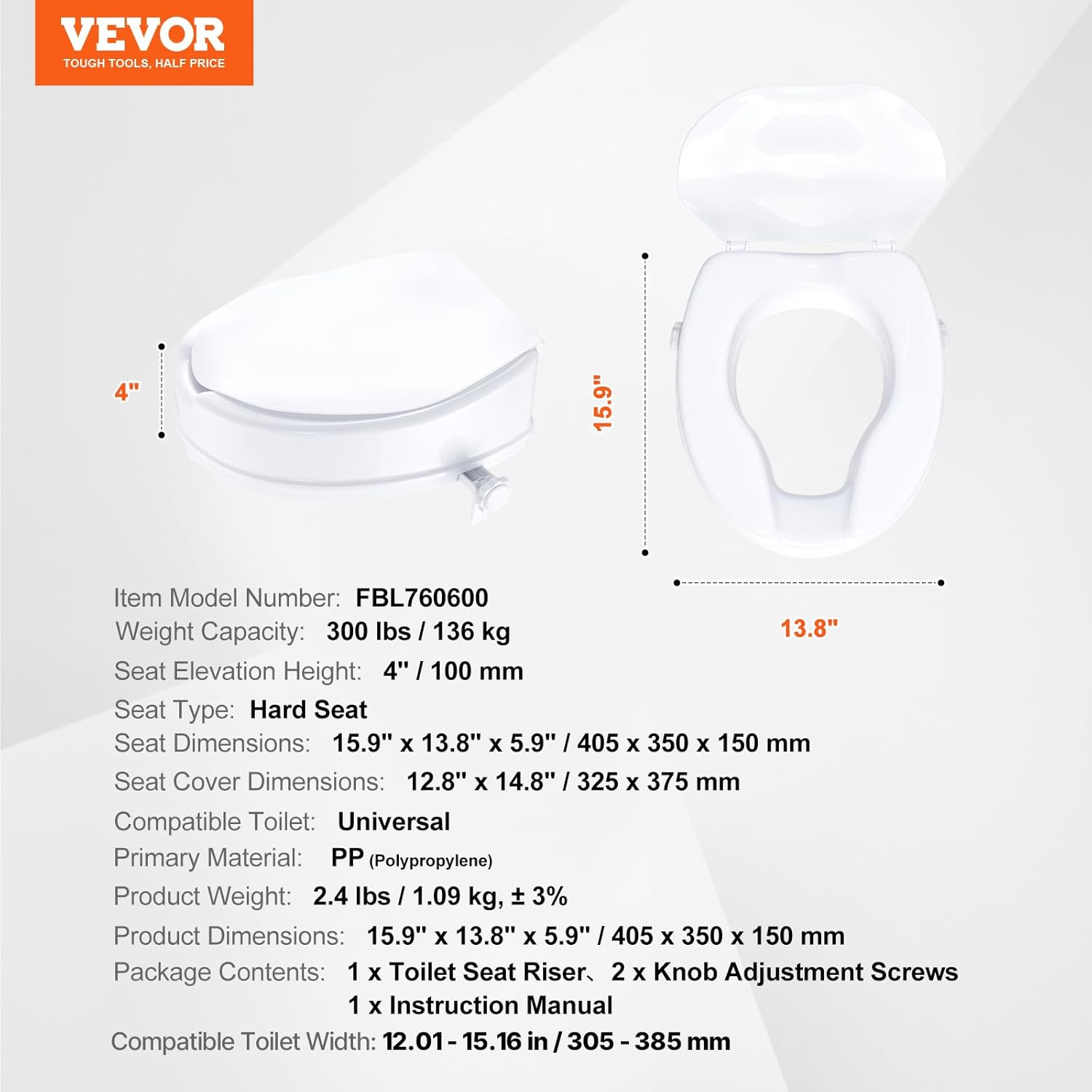 VEVOR Raised Toilet Seat, 10Cm Height Raised, 136 Kg Weight Capacity, Universal Toilet Seat Riser, Screw Rod Locking, with Toilet Seat, for Elderly, Handicap, Patient, Pregnant, Medical