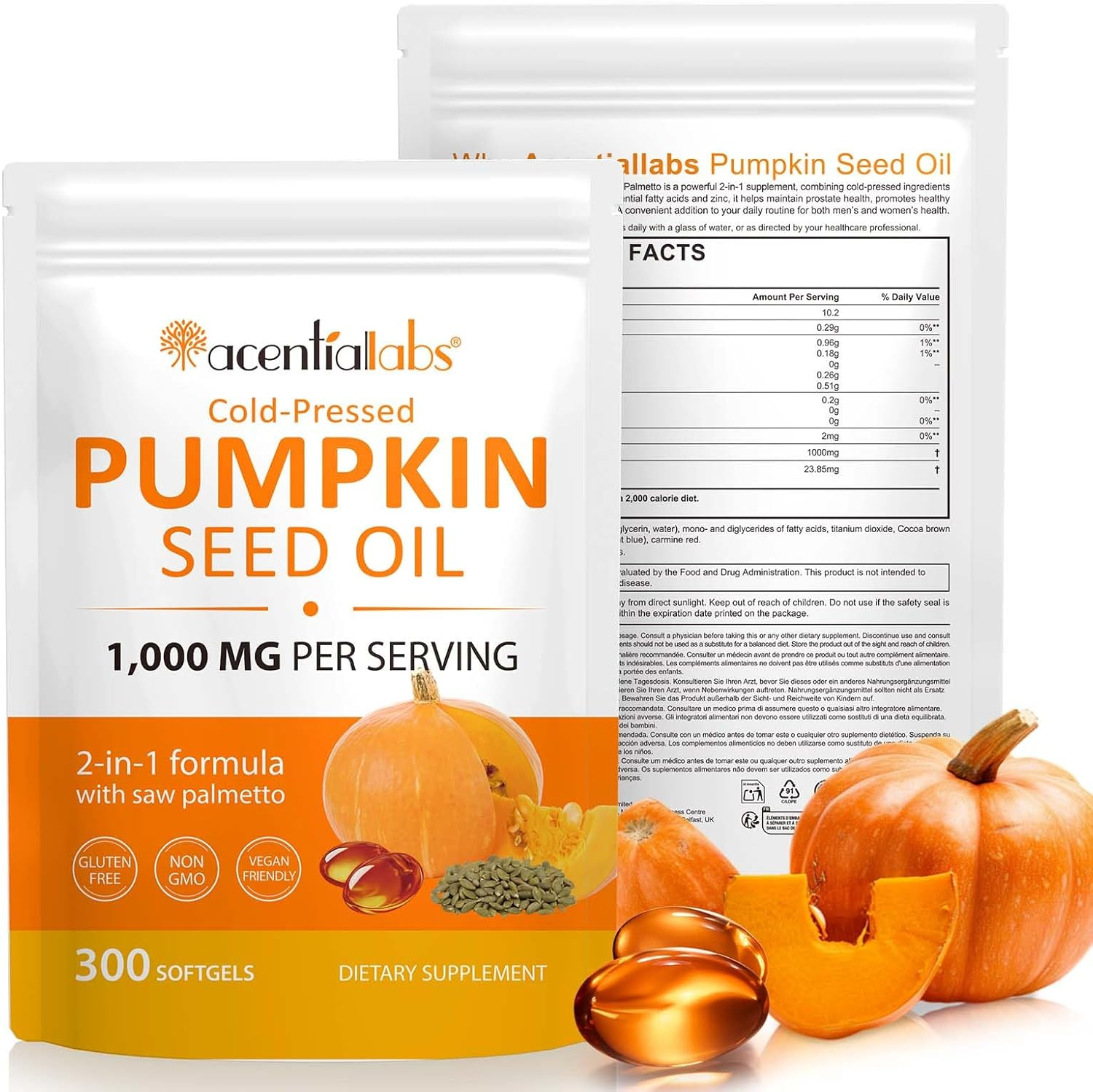 Pumpkin Seed Oil with Saw Palmetto Softgels | 1000 Mg per Serving | Cold-Pressed Virgin Oils | Plant-Based Fatty Acids & Phytosterols | Non-Gmo, No Artificial Additives | 300 Count image number 2