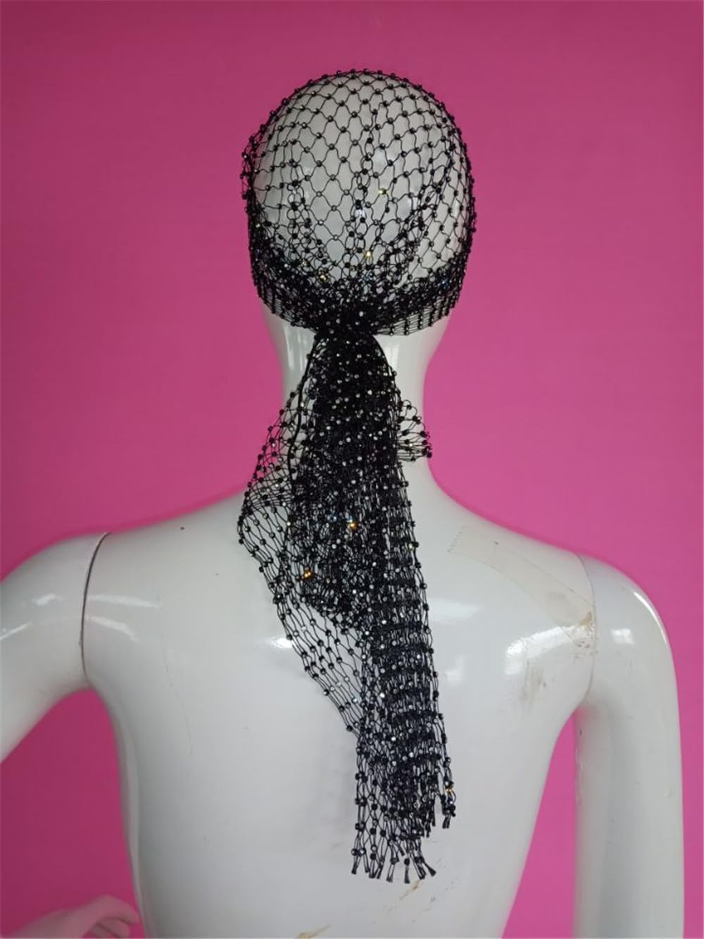 Sexy Sparkly Rhinestone Mesh Headband Hijab Cap Head Wrap Fishnet Rave Party Head Scarf Turban Hat Hair Accessory for Women Girls (Black, 1PC)