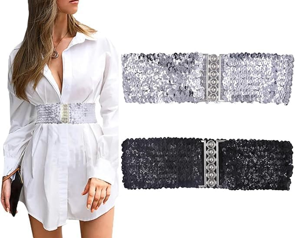 2PCS Women Girls Sparkly Glitter Sequin Stretchy Elastic Waist Belt Wide Dress Belt Corset Cinch Belt image number 5