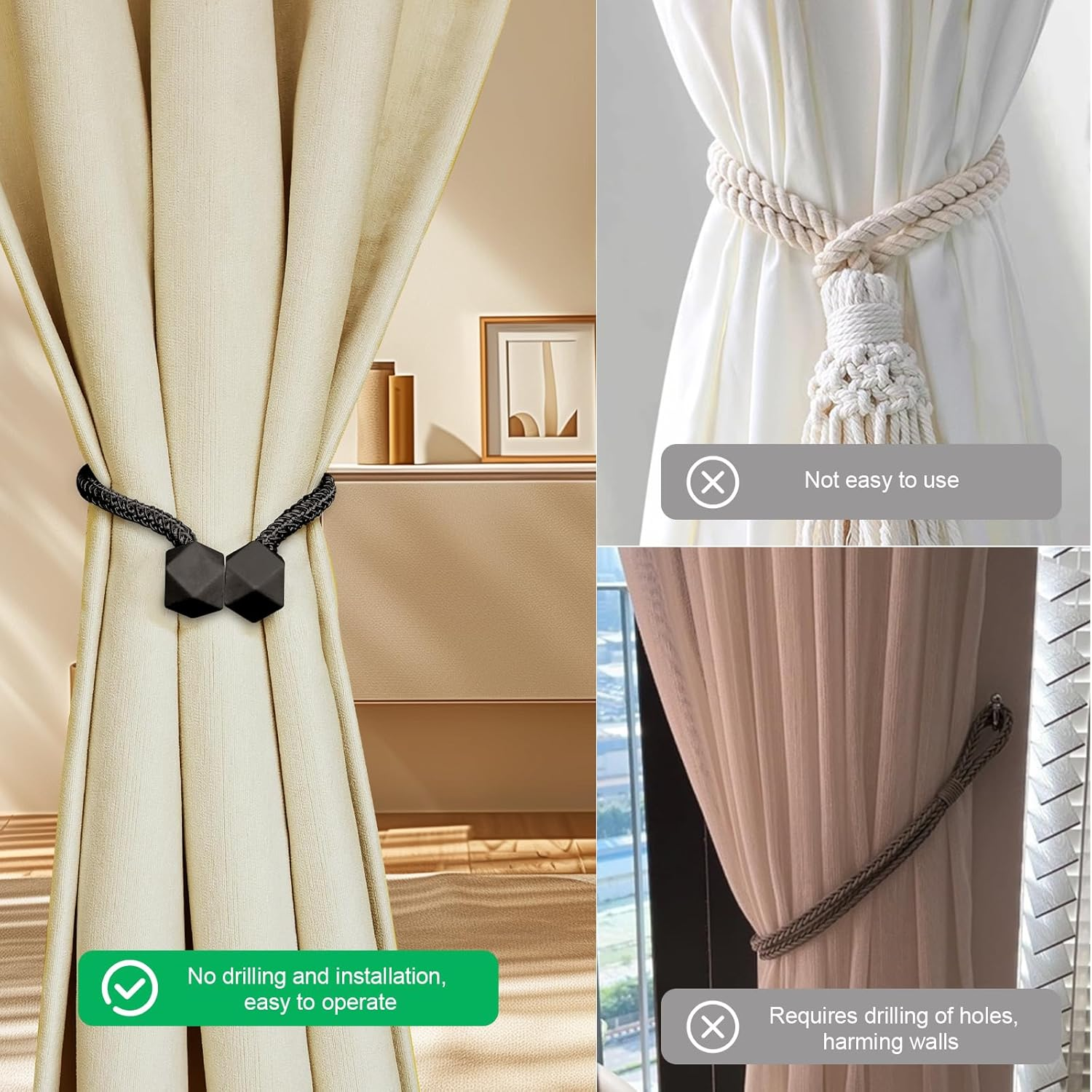 Black Magnetic Curtain Tiebacks 4 Pack Curtains Tie Backs Holdbacks Holders for Drapes Ties Magnets Buckles Clips No Drill Modern Bedroom Decor Window Treatment