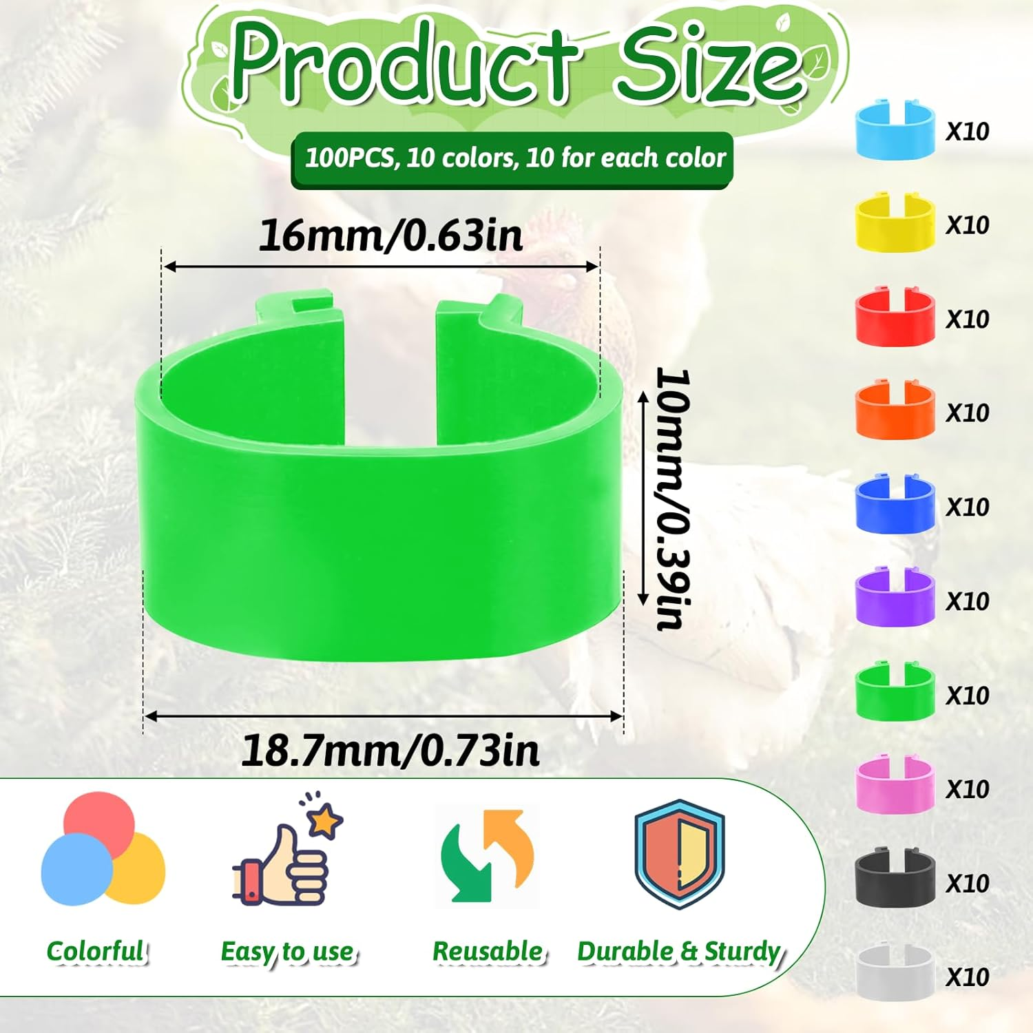 Chicken Leg Bands, 100 Pcs Chicken Leg Rings Identification Band 10 Colors Chick Tags for Legs Poultry Foot Rings Legs Bands for Poultry Identification (16Mm) image number 5