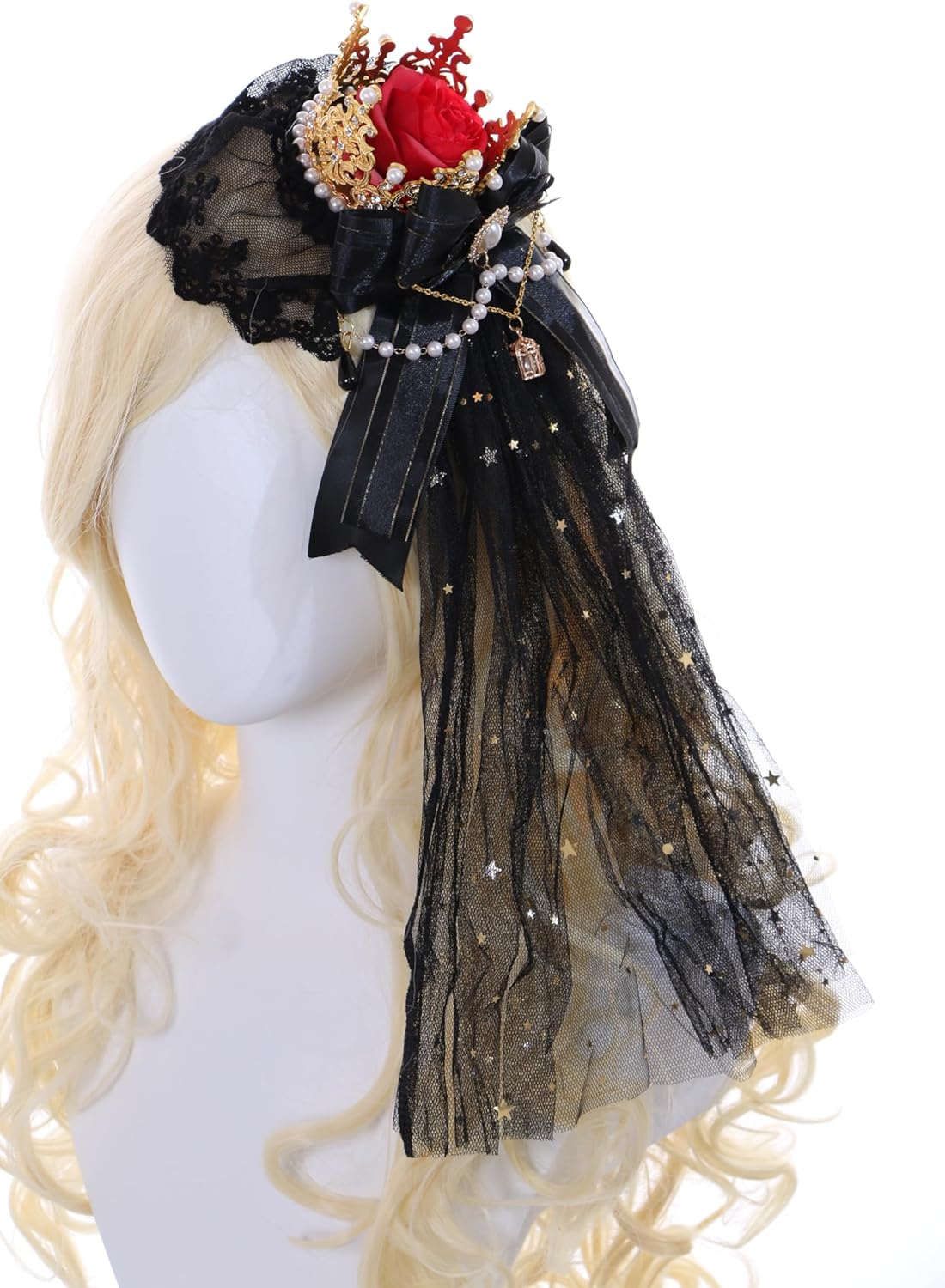 C-105-1 Black Veil Gold Crown Red Rose Bow Lace Ruffle Gothic Lolita Party Celebration Hair Accessories Head Accessory