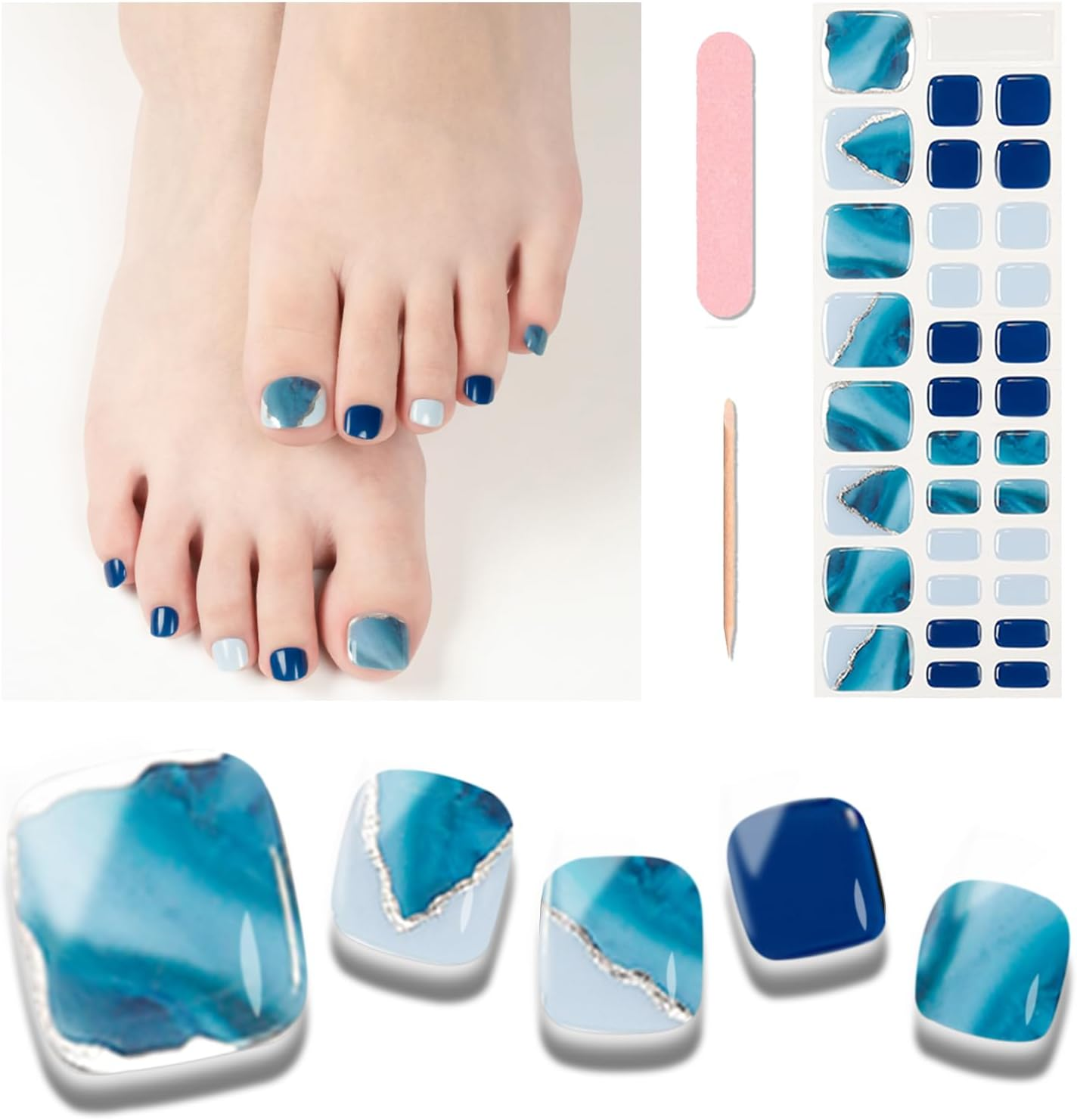 Wekcekcek Semi Cured Gel Toenail Strips, 32 Hazy Dark Night Toenail Stickers Pedicure Strips Salon Quality Nail Wraps with Nail File & Wood Stick(Uv/Led Lamp Required)