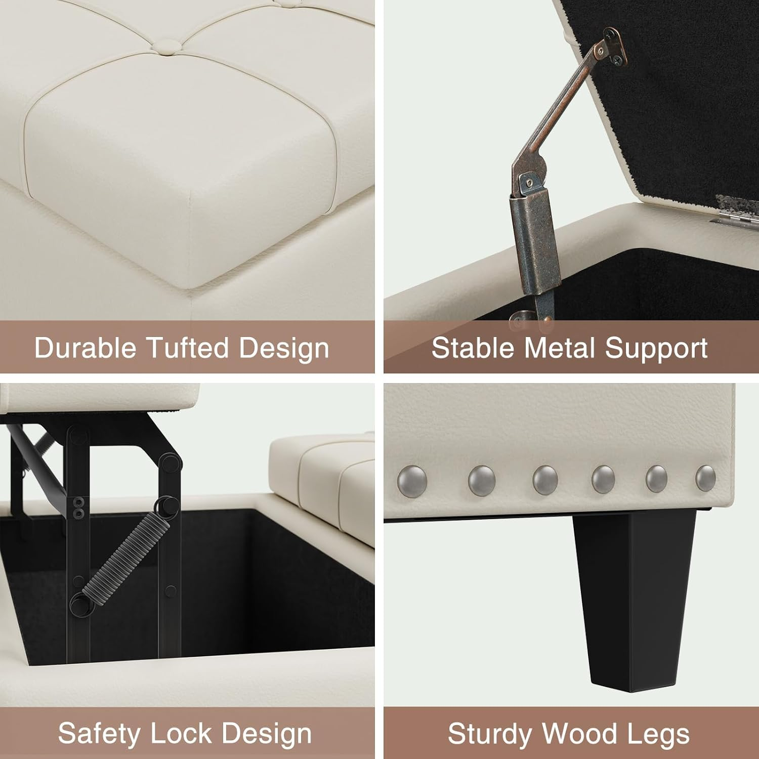 Lumoti Tufted Square Ottoman Coffee Table with Storage, Leather Upholstered Cube Ottoman, Oversized Footrest Stool Toy Box Storage for Livingroom Bedroom, Ivory White image number 2