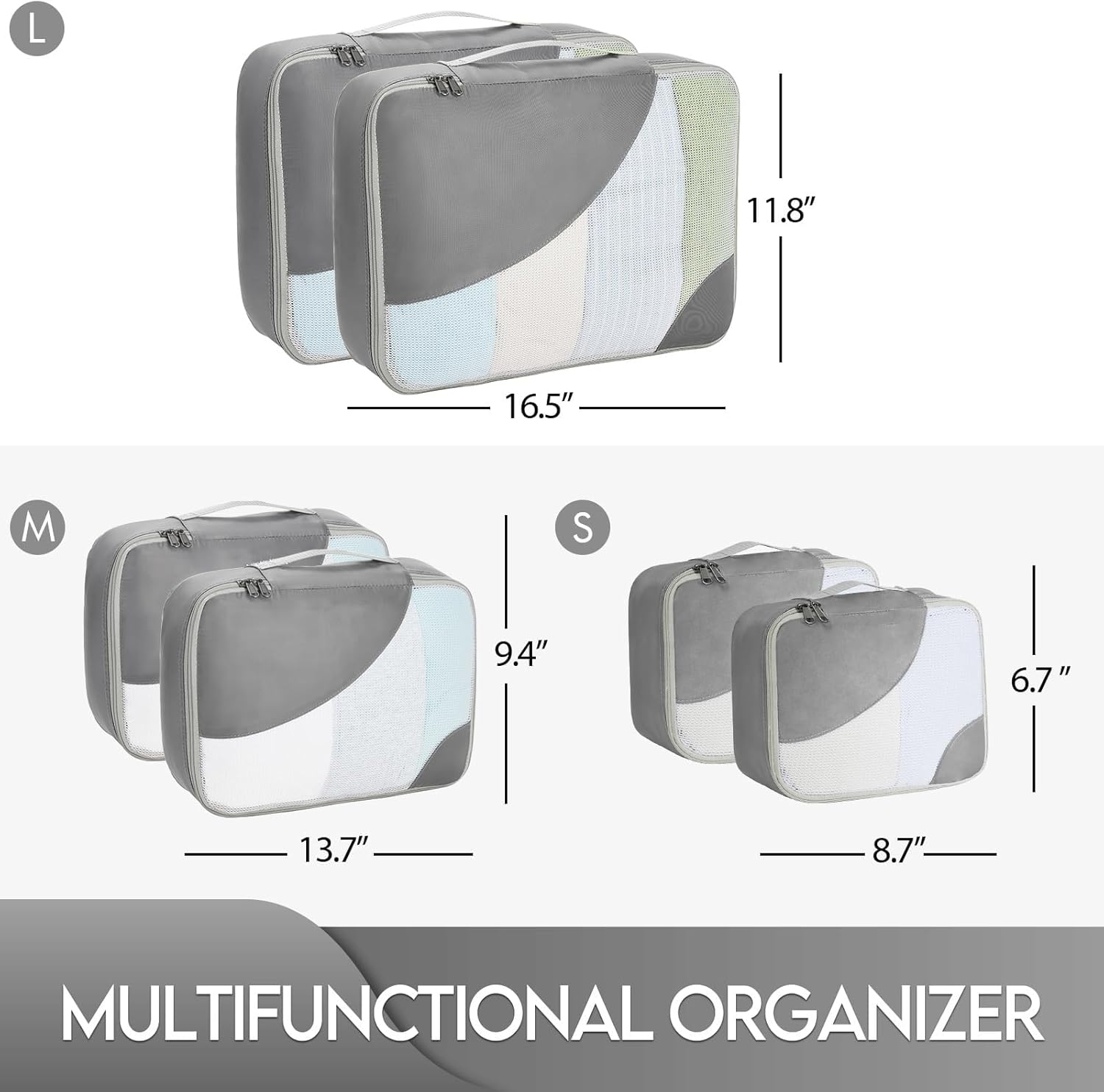 Travel Packing Cubes Set of 6 - Compression Organisers for Luggage & Travel Gear - 3 Sizes L/M/S - Travel Essentials for Men Women - Travel Compression Bags,Travel Accessories ，Grey Storage Cubes image number 4