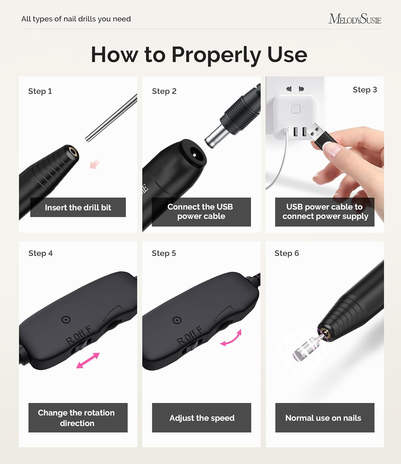 Melodysusie Electric Nail Drill Machine,Pc120I Portable Electric Nail File Efile Set for Acrylic Gel Nails, Manicure Pedicure Tool with Nail Drill Bits Sanding Bands Dust Brush, Black image number 2