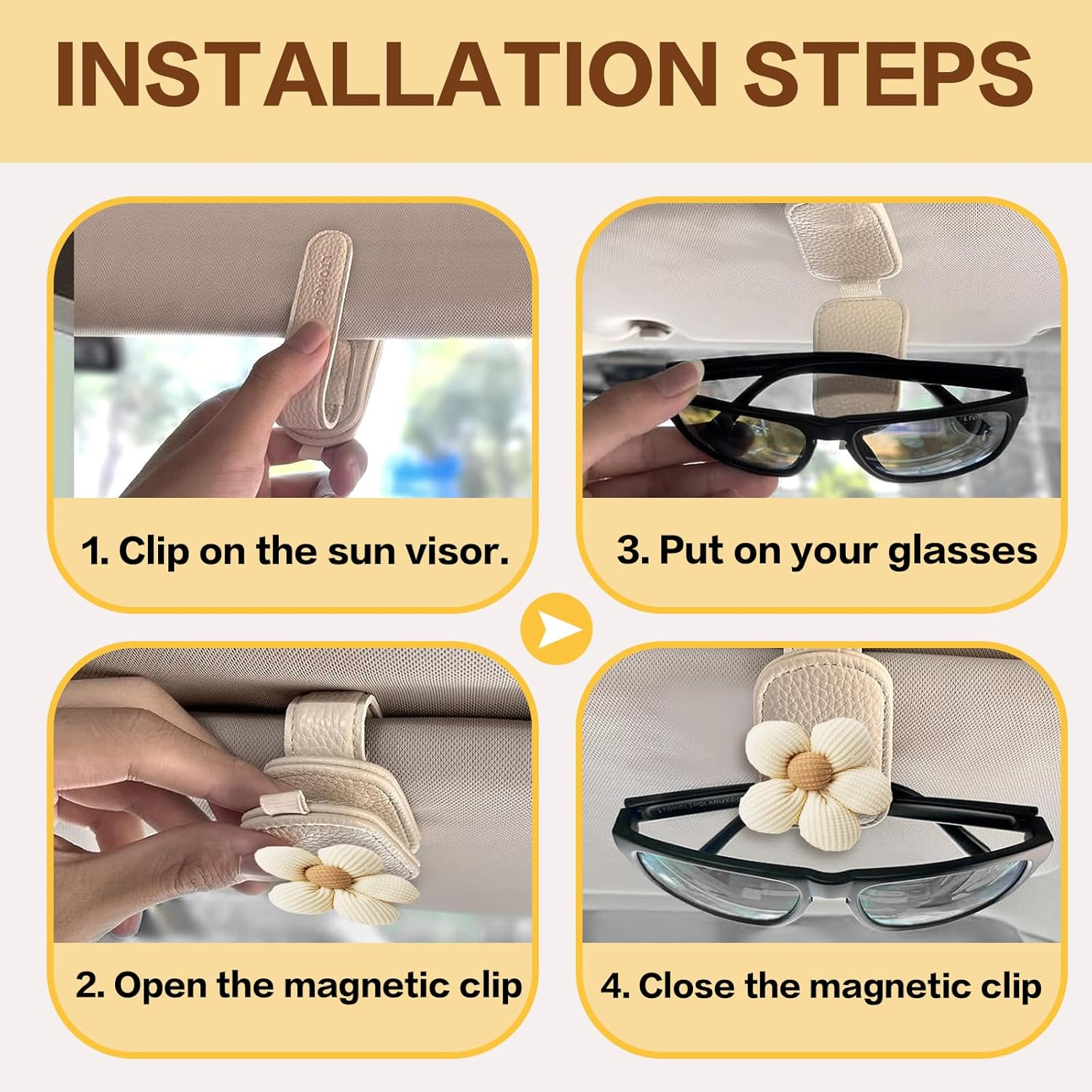2 Pack Flower-Shaped Sunglass Holder for Car Visor &ndash; Beige Magnetic Leather Glasses Clip, Eyeglass Holder & Ticket Card Organizer, Universal Car Interior Accessory image number 2