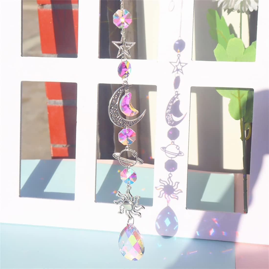 Infantly Bright Colorful Crystal Wind Chime, Moon Sun Light Catcher Diamond Prisms Pendant Dream Rainbow Chaser Maker Hanging Prism Drop Ornament Home Garden Decor Windchime Silver image number 4