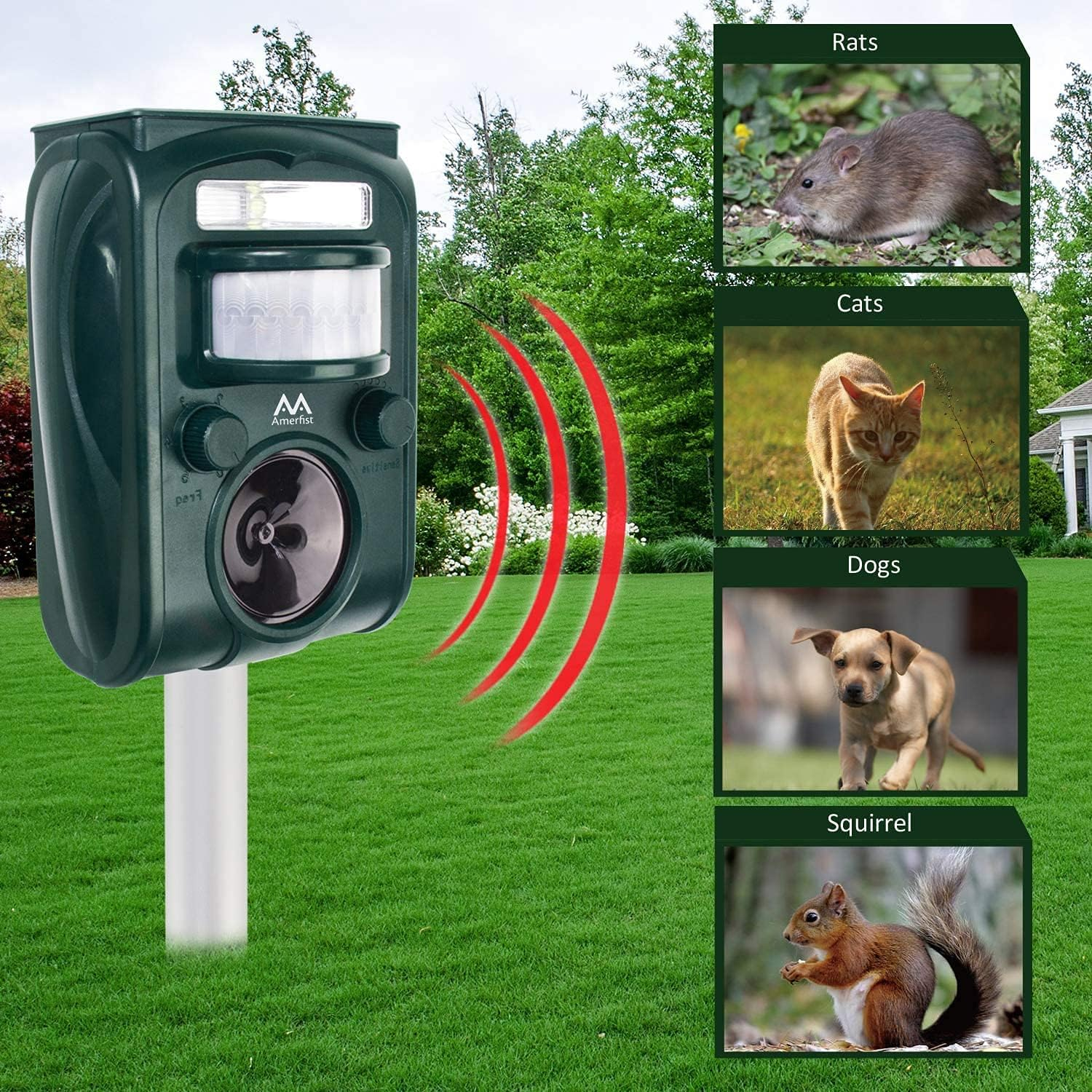 AMERFIST Solar Animal Repeller, 2021 Ultrasonic Mole Repellent, Rat, Squirrel, Deer, Raccoon, Skunk, Rabbit, Mole, Dog, Cat, Waterproof with Motion Detector, USB Rechargeable, Flashing Light (Green) image number 6